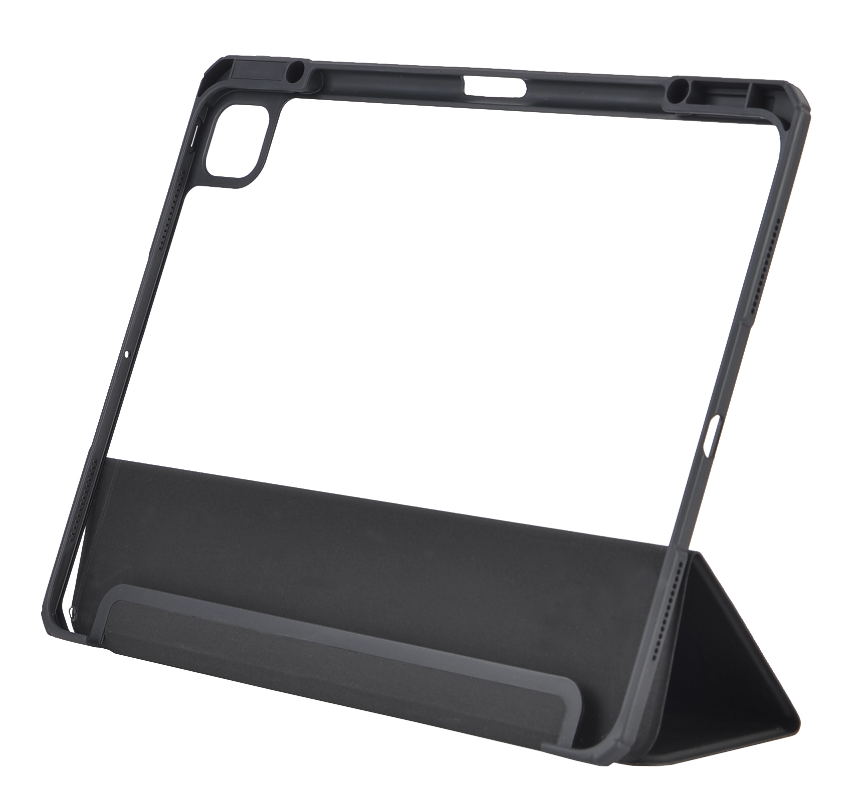Egy fekete tablet tok állványfunkcióval, fehér háttéren.