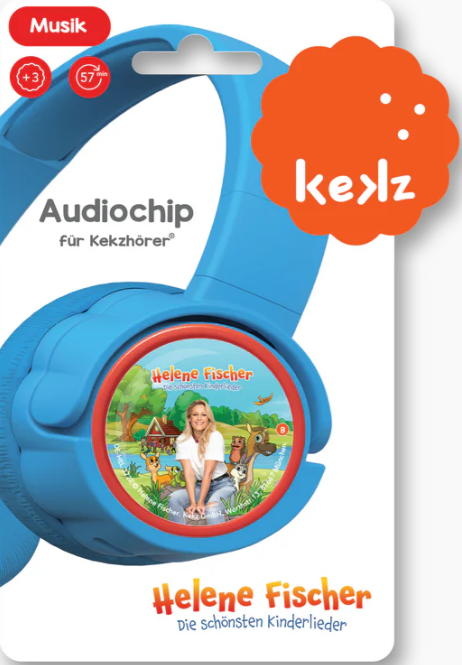 Blaue Kopfhörer mit Helene Fischer-Motiv und Musik-Aufschrift. Alter 3+.