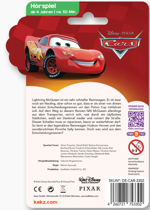 Lightning McQueen Hörspiel mit Disney Cars Logo auf rotem Hintergrund.