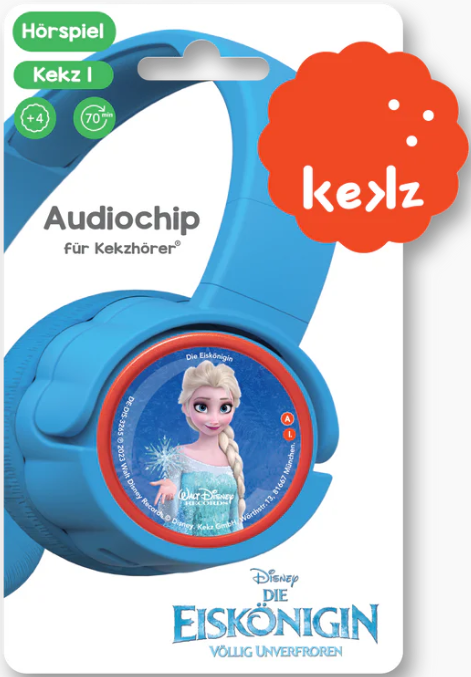 Blaue Kopfhörer mit Elsa-Motiv, "Audiochip für Kekzhörer" Aufschrift.