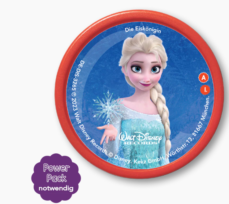 Elsa aus Die Eiskönigin mit Glitzerkleid und Schneeflocke auf blauem Hintergrund.