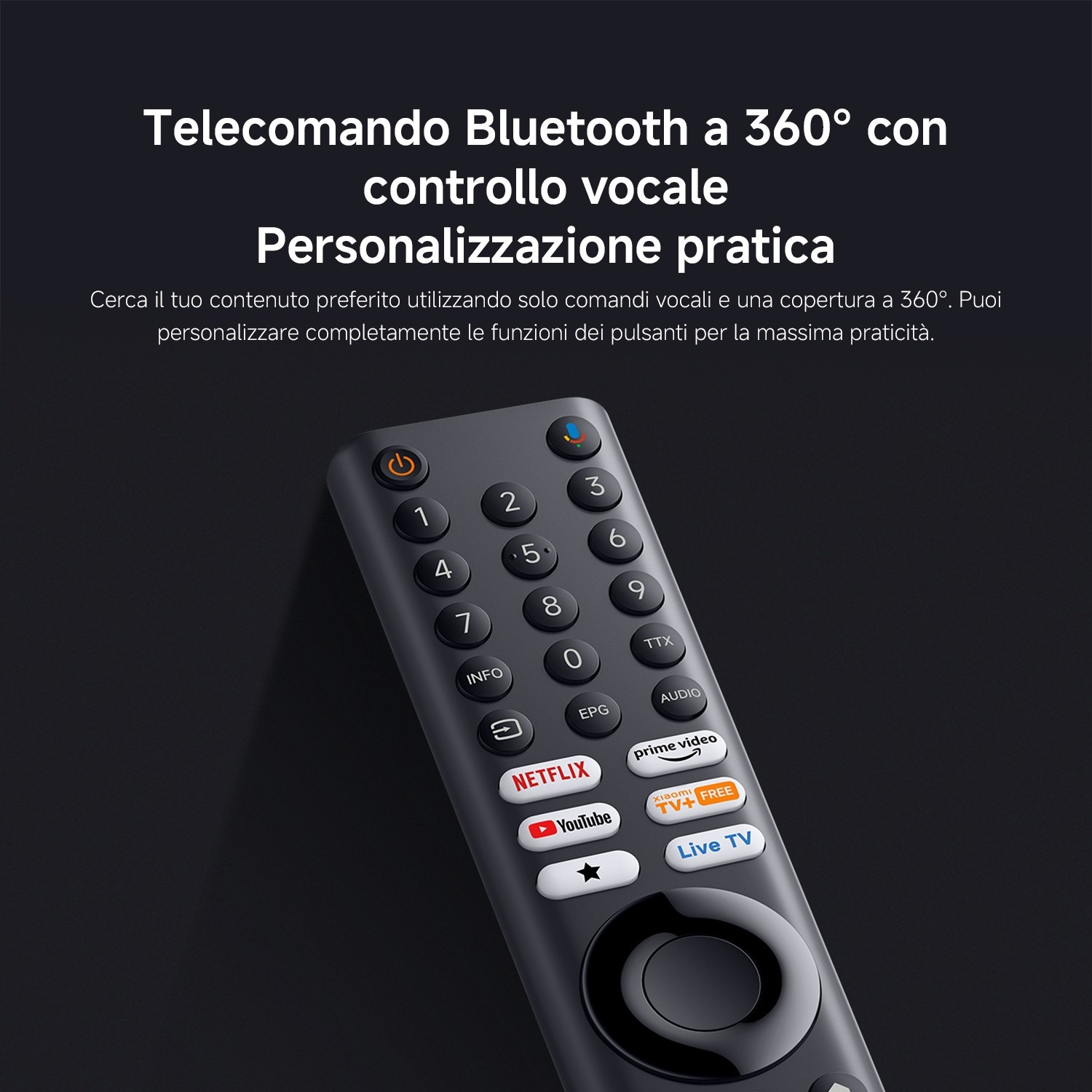 Telecomando nero con pulsanti per Netflix, YouTube, Prime Video.