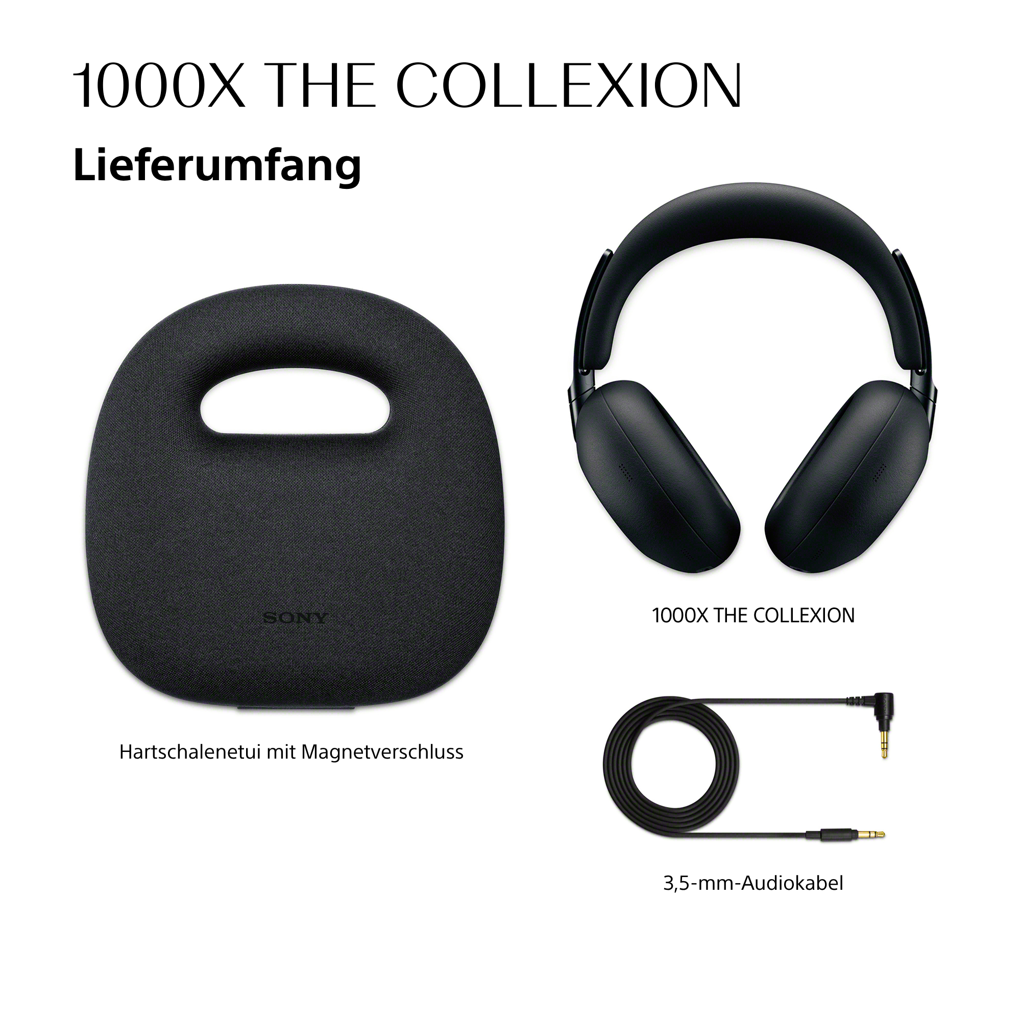 Sony 1000X Kopfhörer, Hartschalenetui und Audiokabel auf weißem Grund.