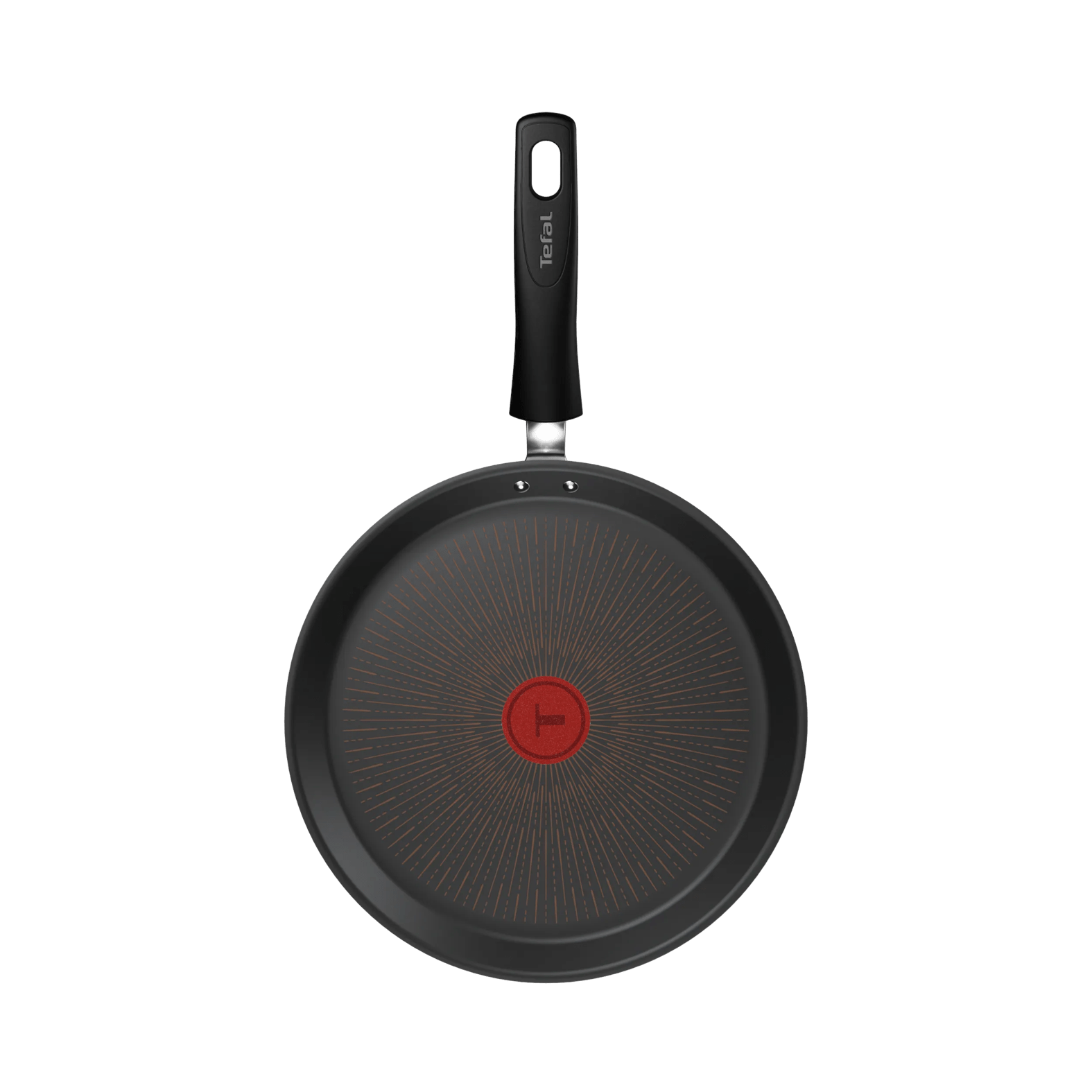 Schwarze Pfanne mit rotem Thermo-Spot-Indikator und schwarzem Griff.