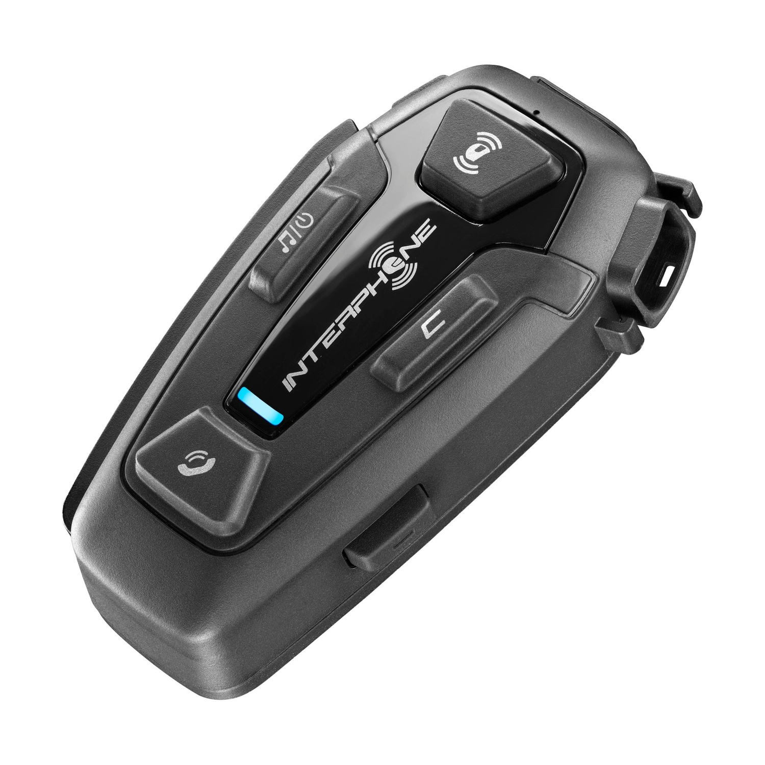 Auricolare Bluetooth Interphone nero con pulsanti per chiamate, musica e interfono.