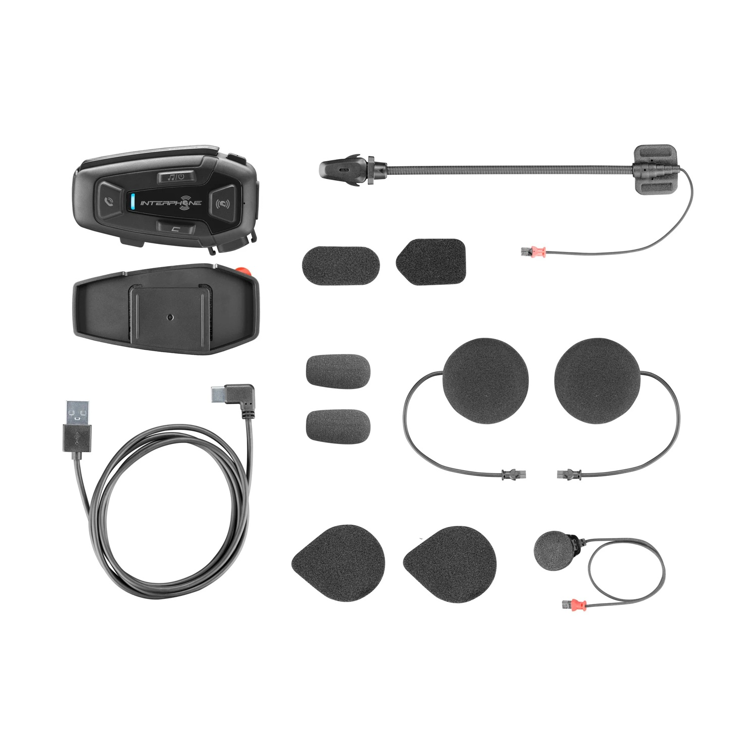 Set interfono con microfono, auricolari, cavi e supporti su sfondo bianco.