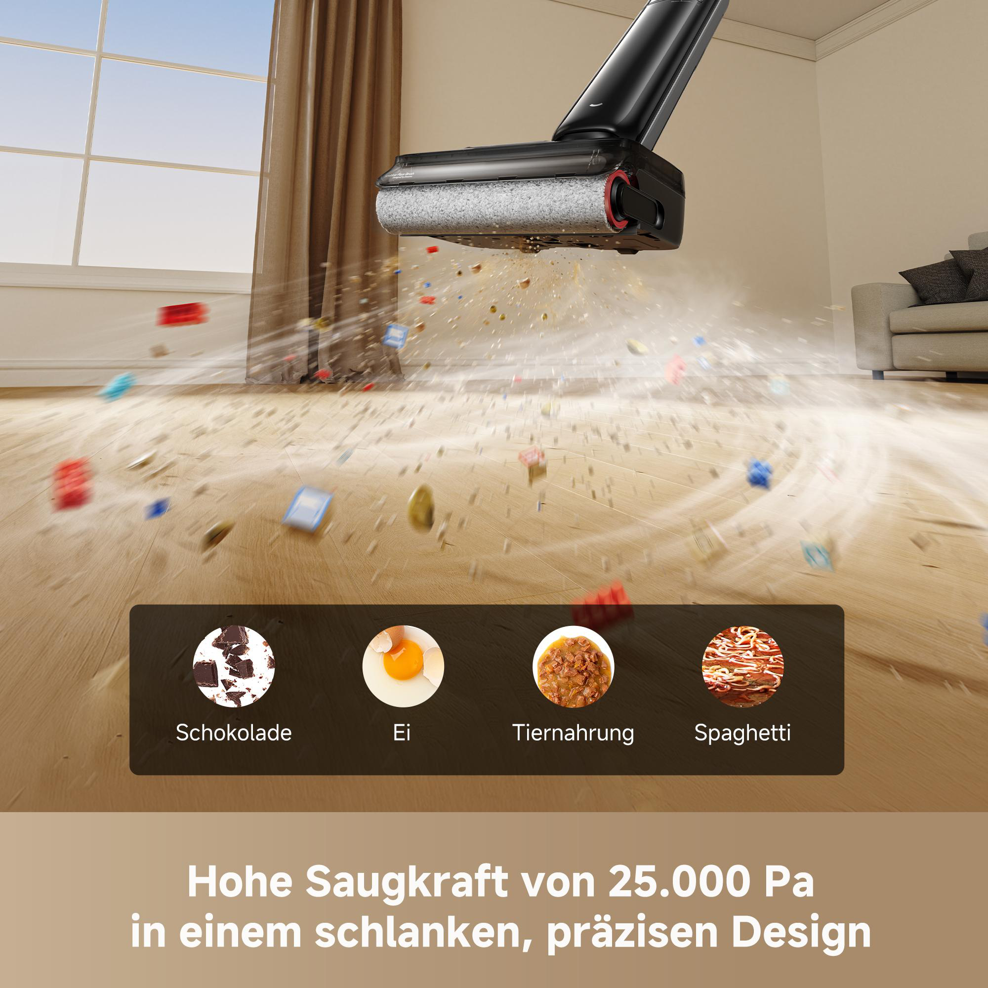 Ein Staubsauger saugt Schmutz, Schokolade, Ei, Tiernahrung und Spaghetti auf.