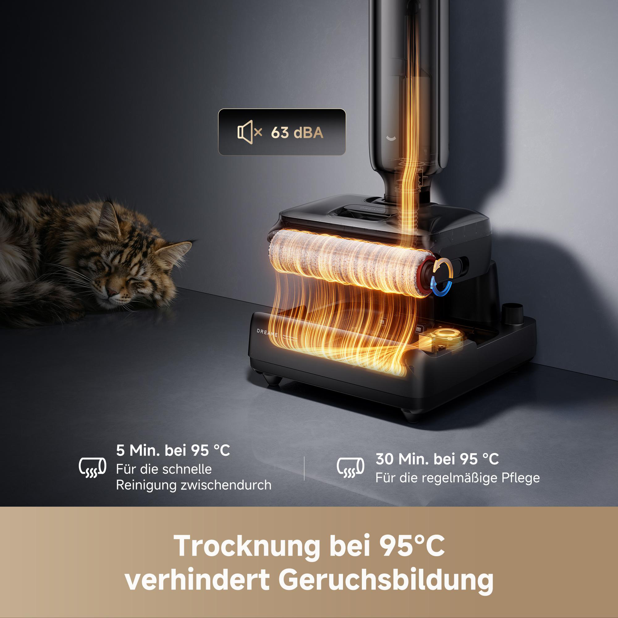 Ein Staubsauger trocknet eine Rolle bei 95°C neben einer schlafenden Katze.