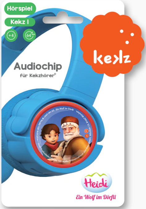 Blaue Kopfhörer mit Hörspiel-Audioclip und Bildern von Heidi und dem Großvater.