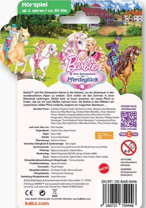 Barbie und Schwestern auf Pferden vor Alpenkulisse, Hörspiel-Cover.