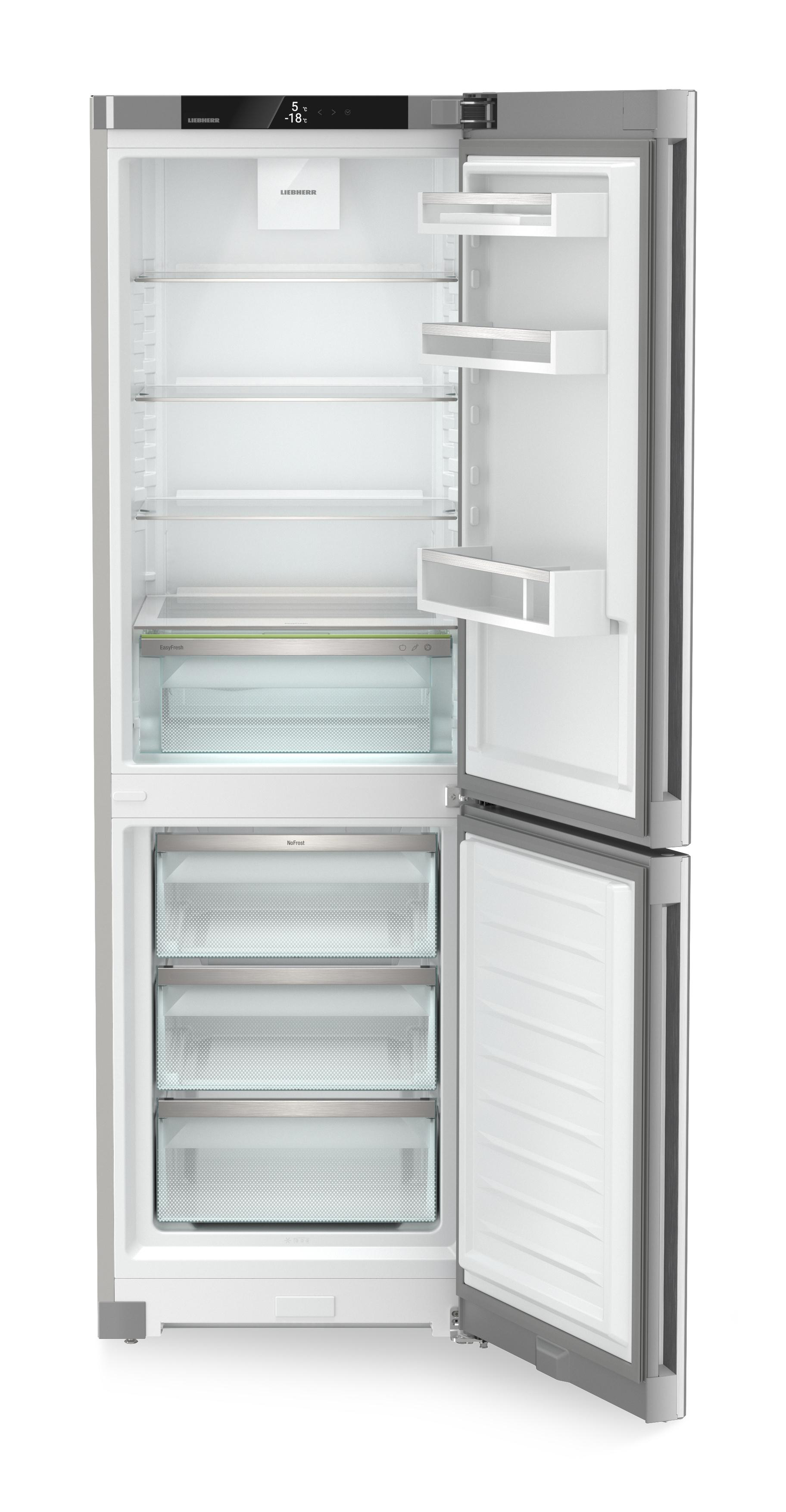 Ein offener, leerer Liebherr-Kühlschrank mit Glasböden und Schubladen.