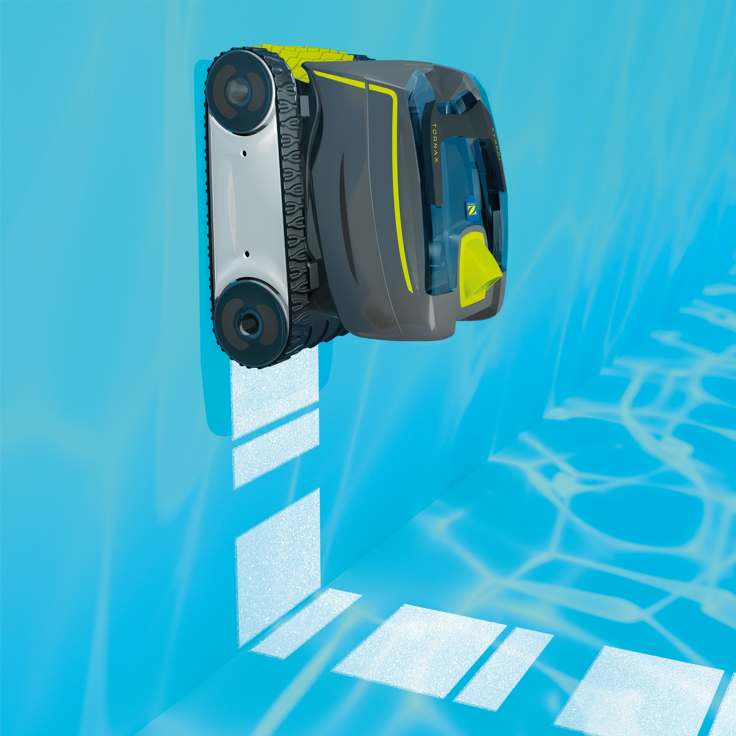 Un robot pulitore per piscine grigio con accenti gialli sale una parete blu.