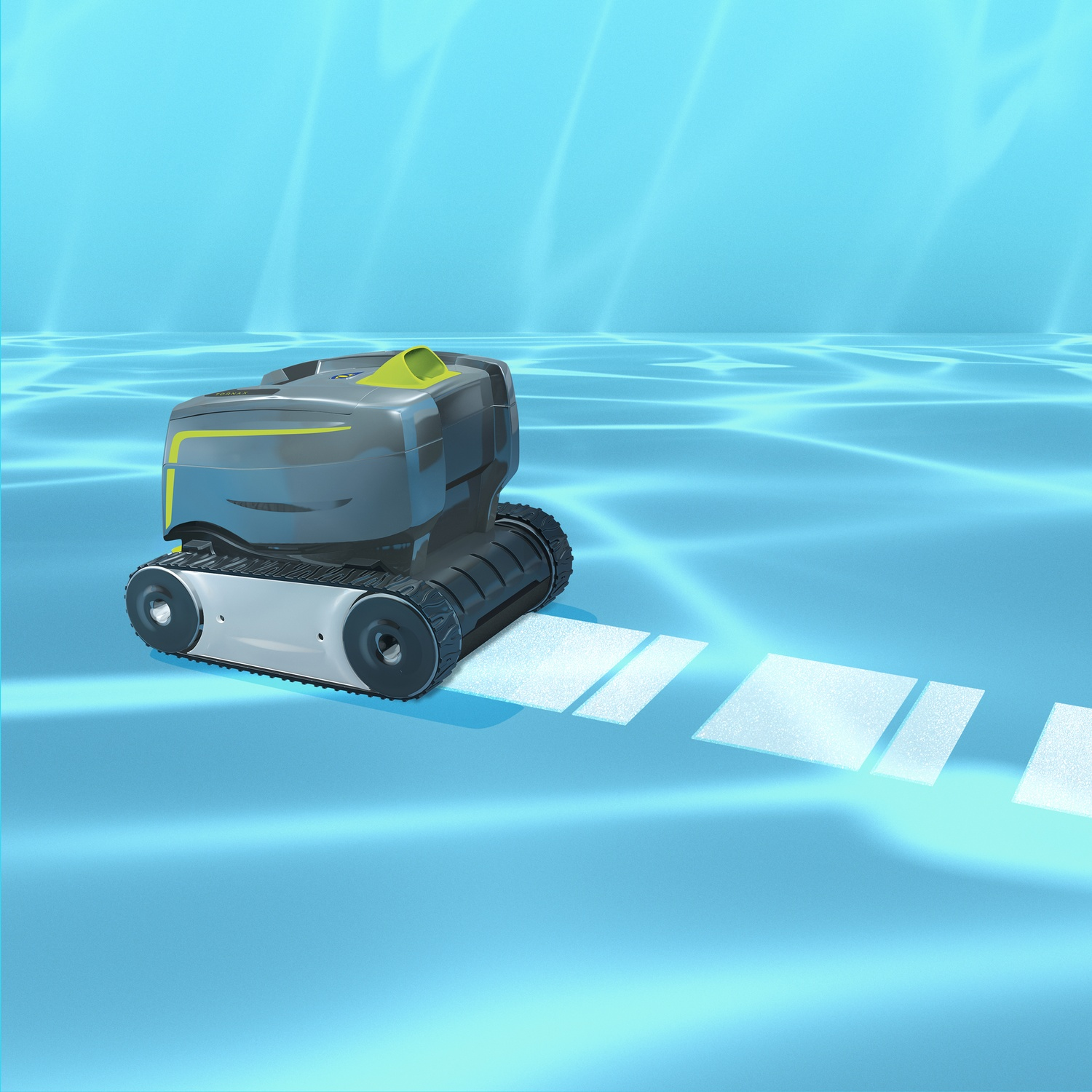 Un robot pulitore per piscine grigio e giallo con cingoli si muove sul fondo blu della piscina.