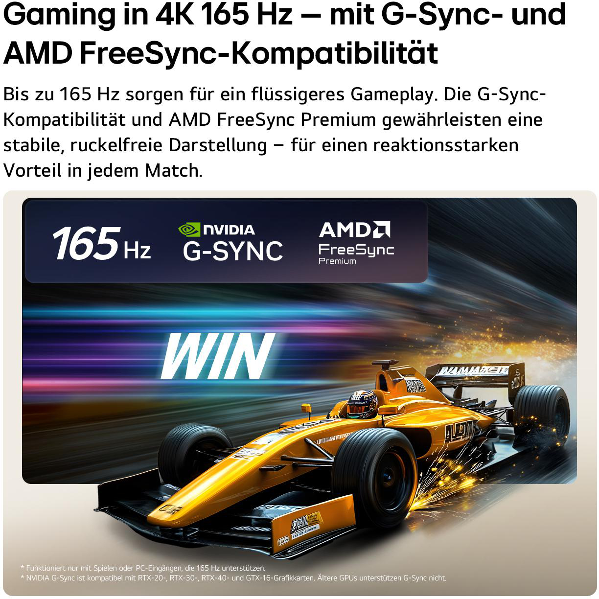 Ein gelber Formel-1-Wagen mit der Aufschrift "WIN" fährt schnell.