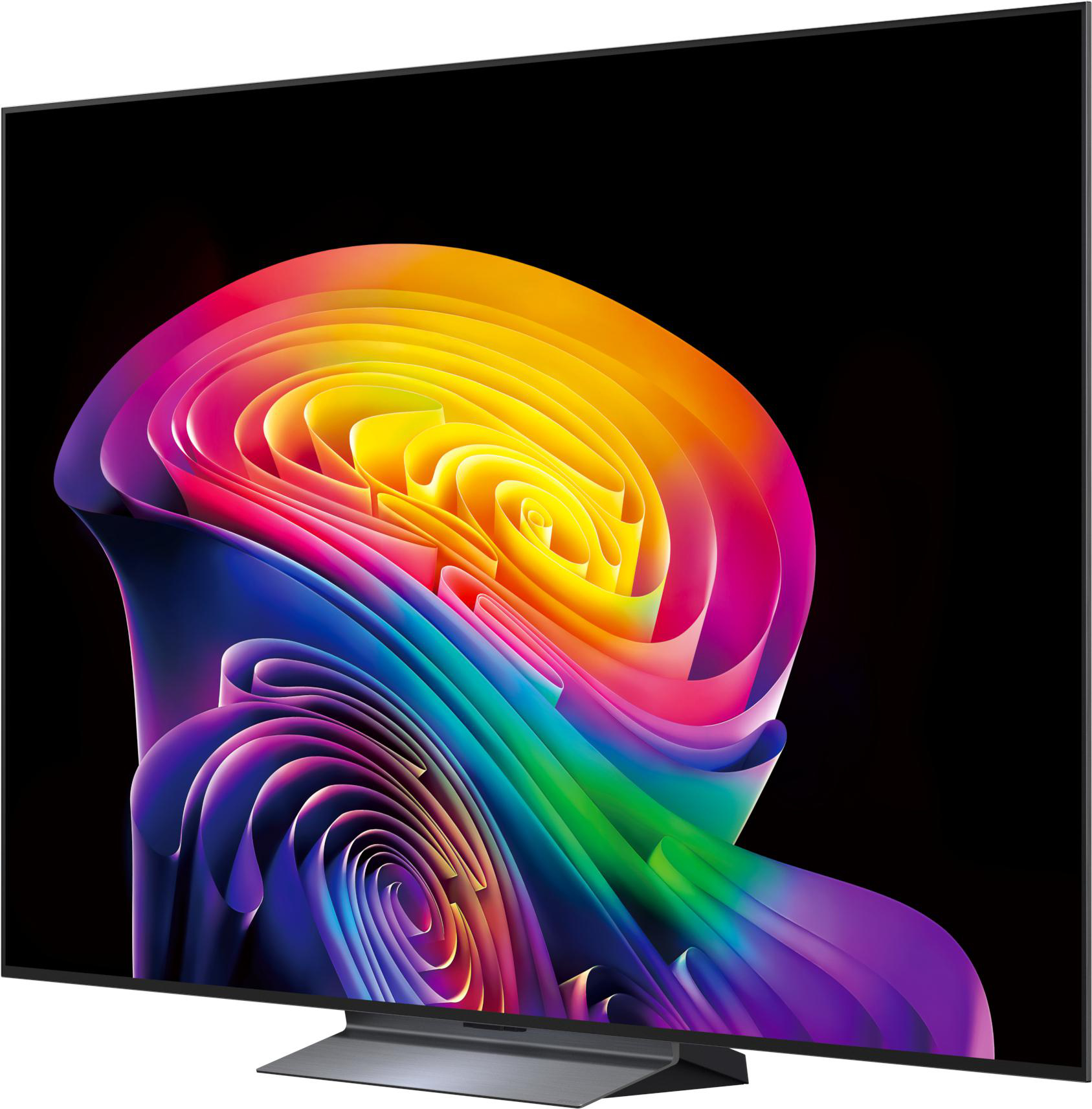 Ein moderner Fernseher mit einem bunten, wirbelnden Muster auf dem Bildschirm.