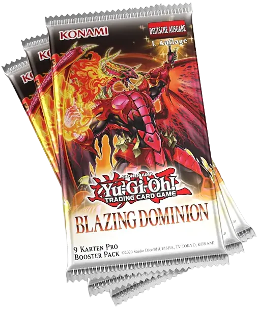Packungen des Yu-Gi-Oh! Sammelkartenspiels 'Blazing Dominion' mit rotem Drachenmotiv.