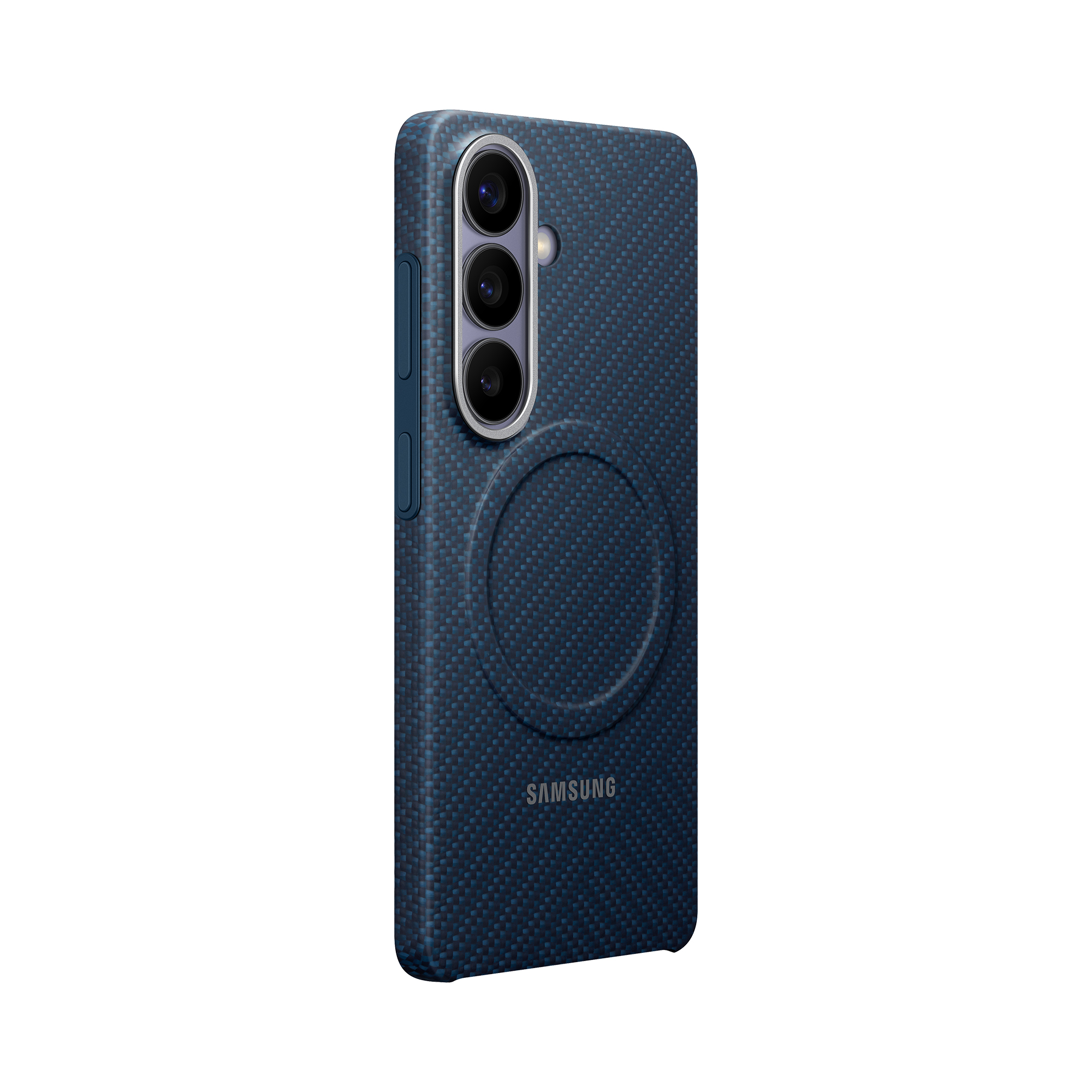 Custodia blu scuro a quadri con fotocamere e logo Samsung.