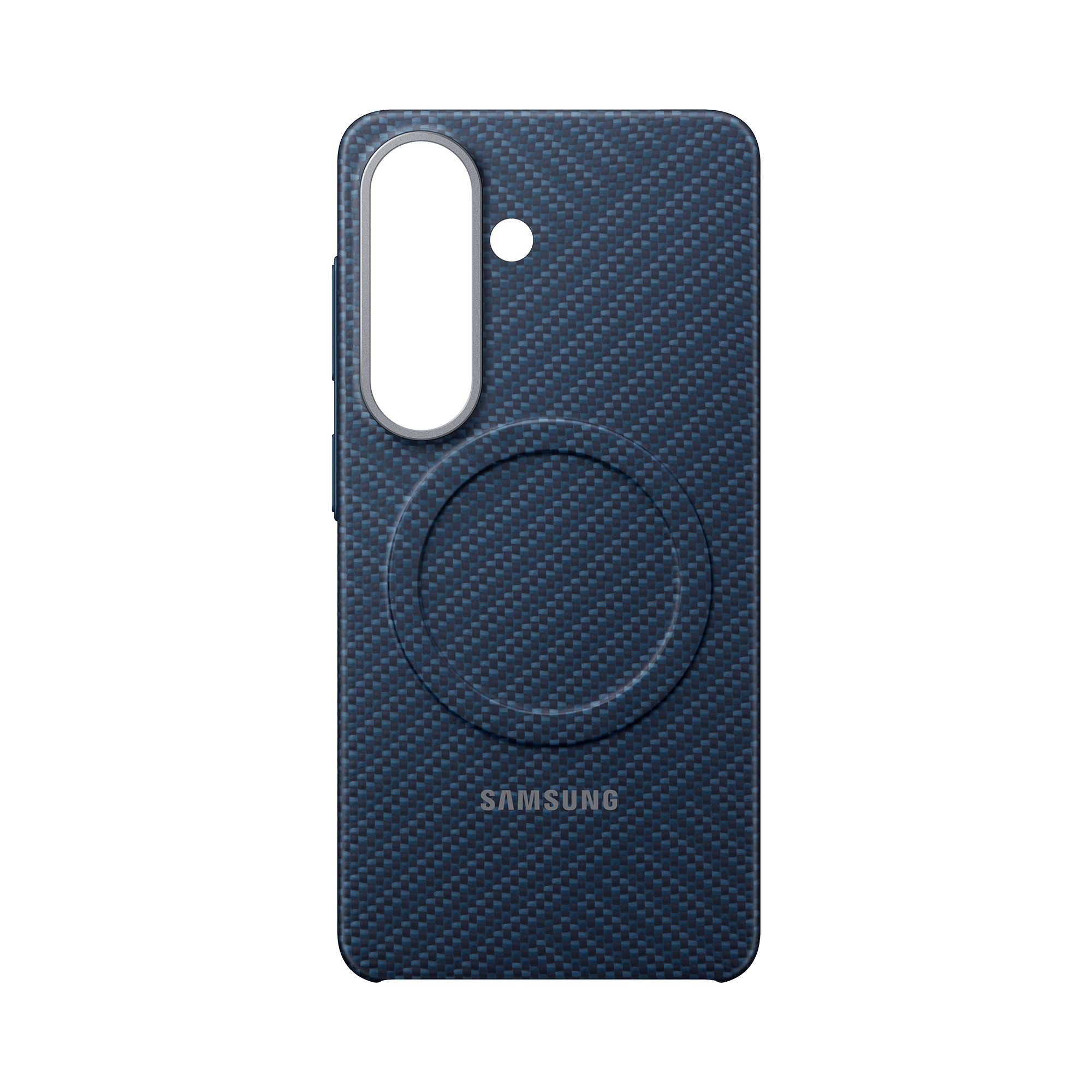 Custodia blu scuro per telefono con motivo carbonio e logo Samsung.