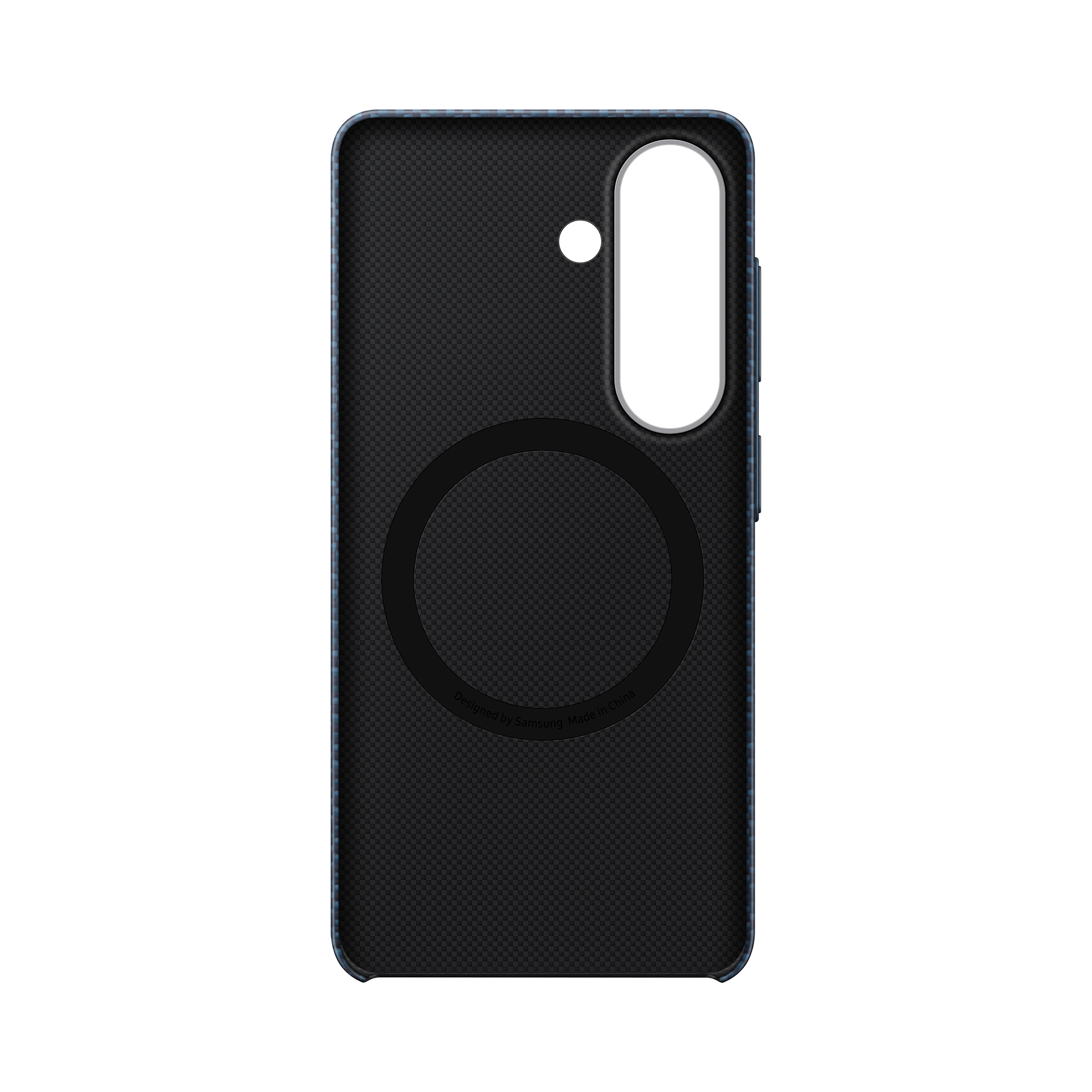Retro di una cover per telefono nera con anello magnetico e ritaglio fotocamera.