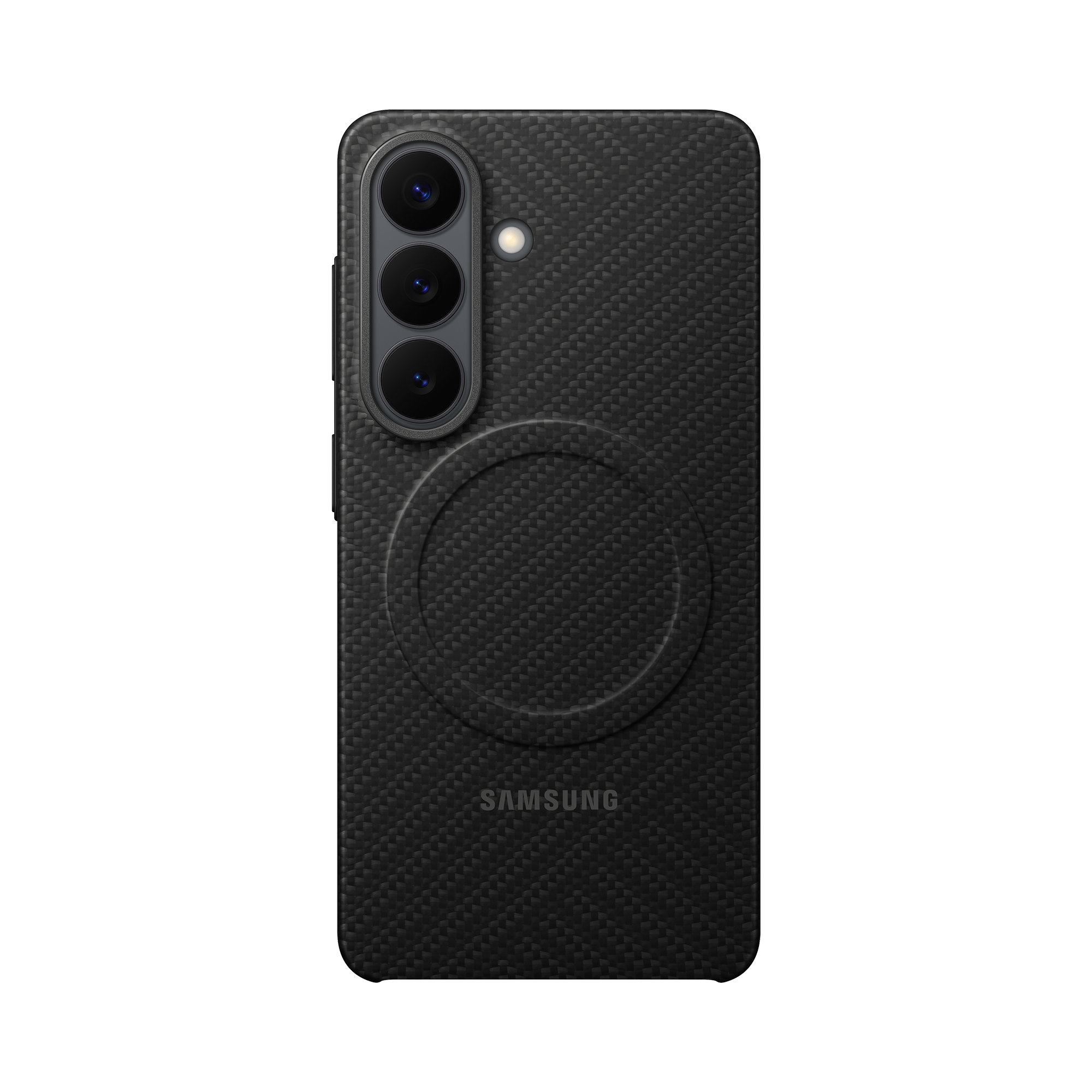 Custodia nera per telefono con motivo in carbonio, tre fotocamere e logo Samsung.
