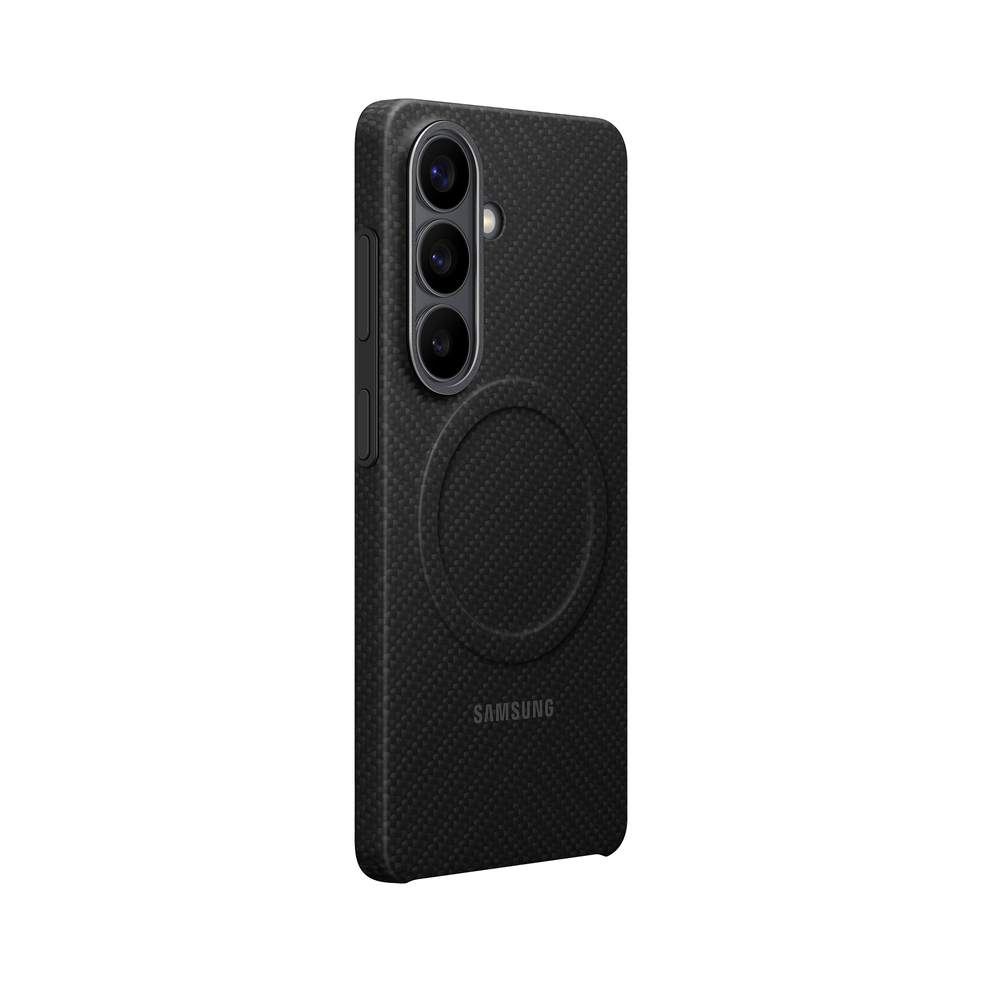 Custodia nera per telefono con tre fotocamere e logo Samsung.