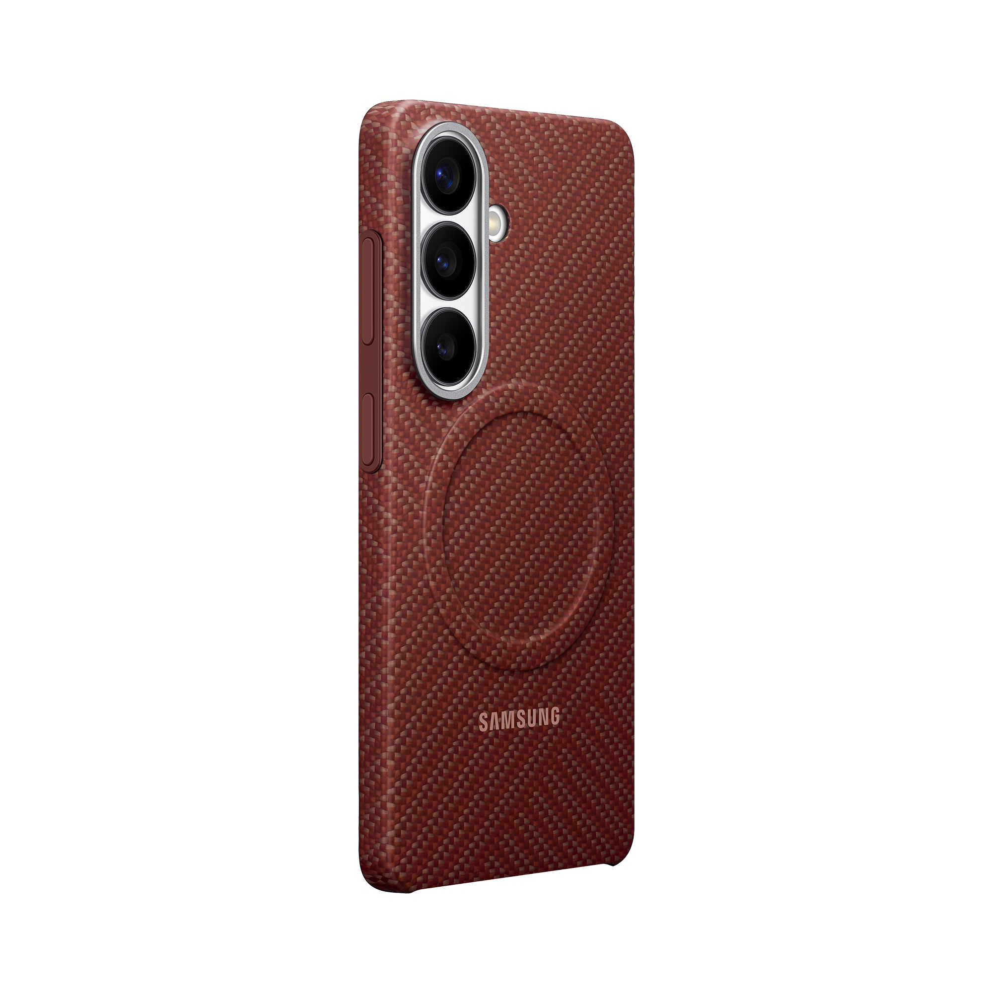 Custodia per telefono marrone con obiettivi della fotocamera e logo Samsung.