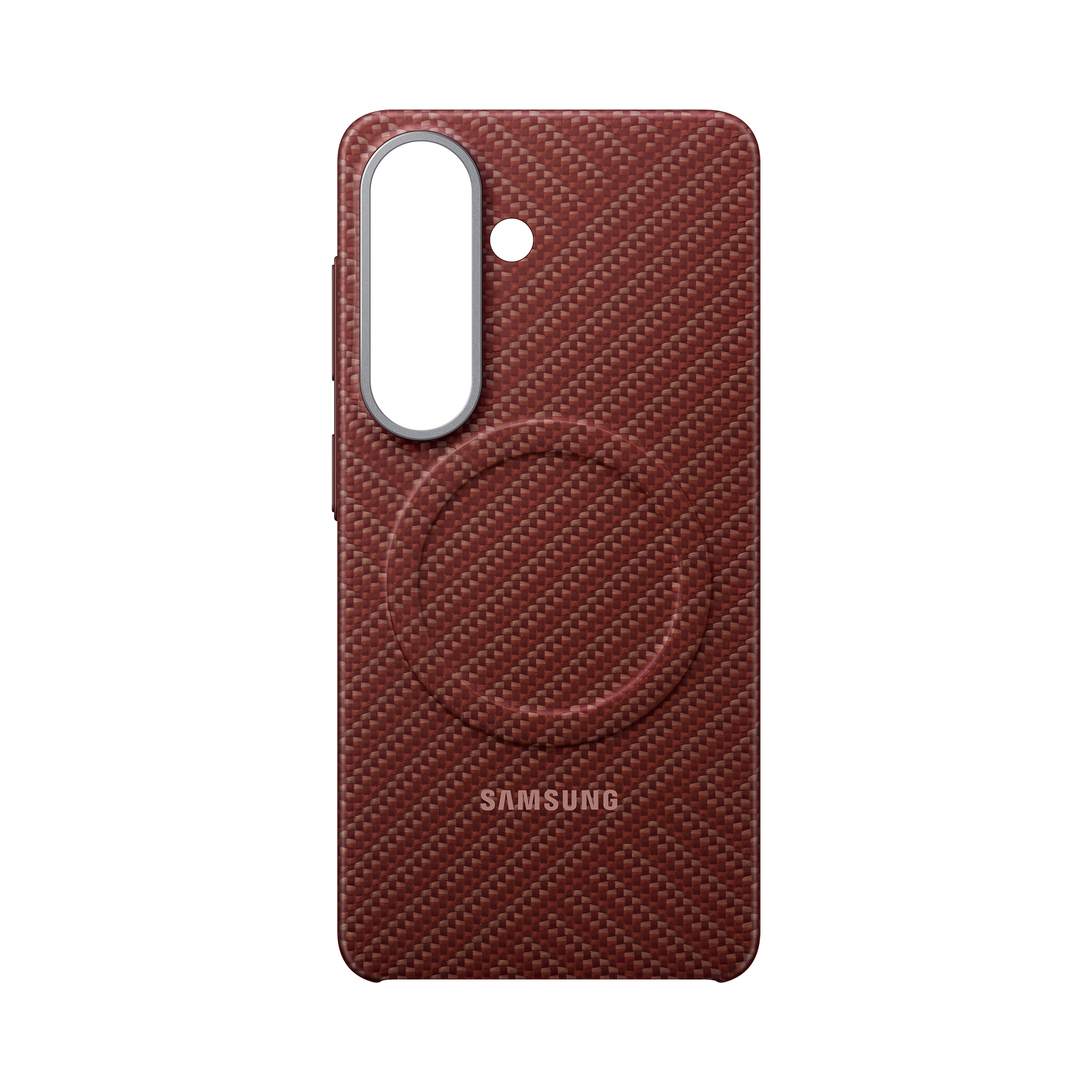 Una custodia per telefono rossa con texture intrecciata e impronta circolare per ricarica wireless.