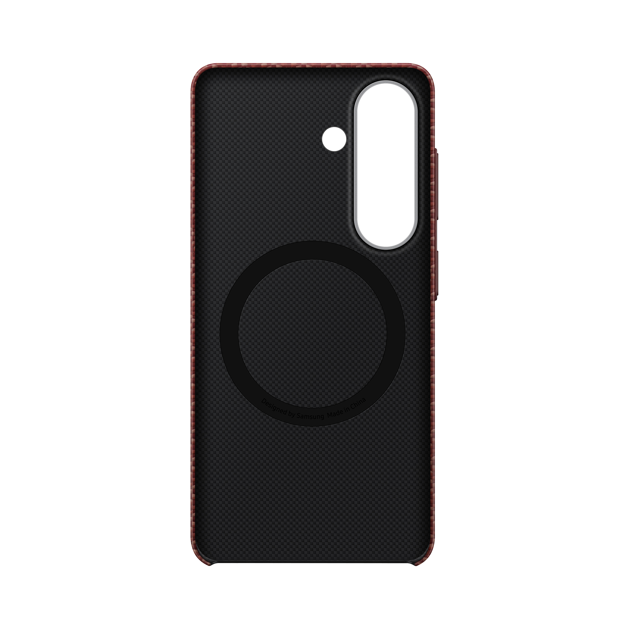 Custodia nera per telefono con bordo rosso e cerchio magnetico.