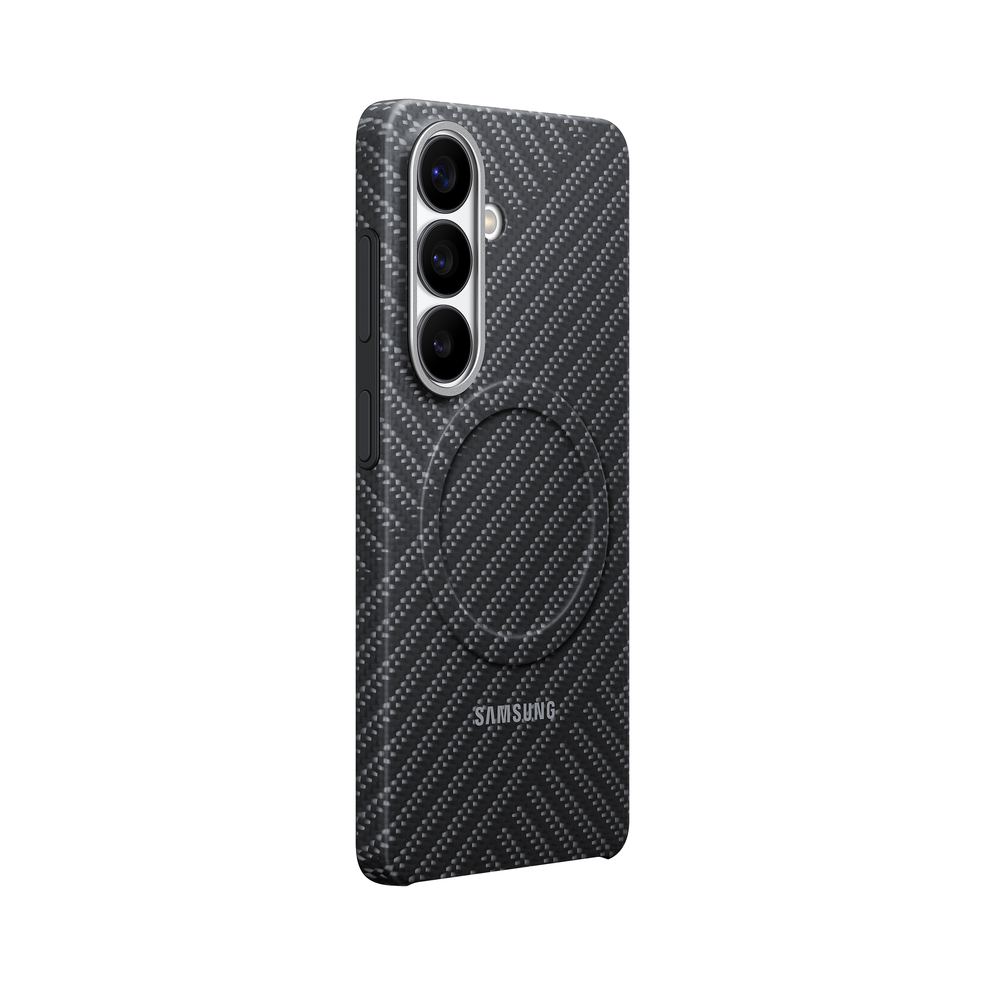 Cover nera per telefono con motivo carbonio, fotocamere e logo Samsung.