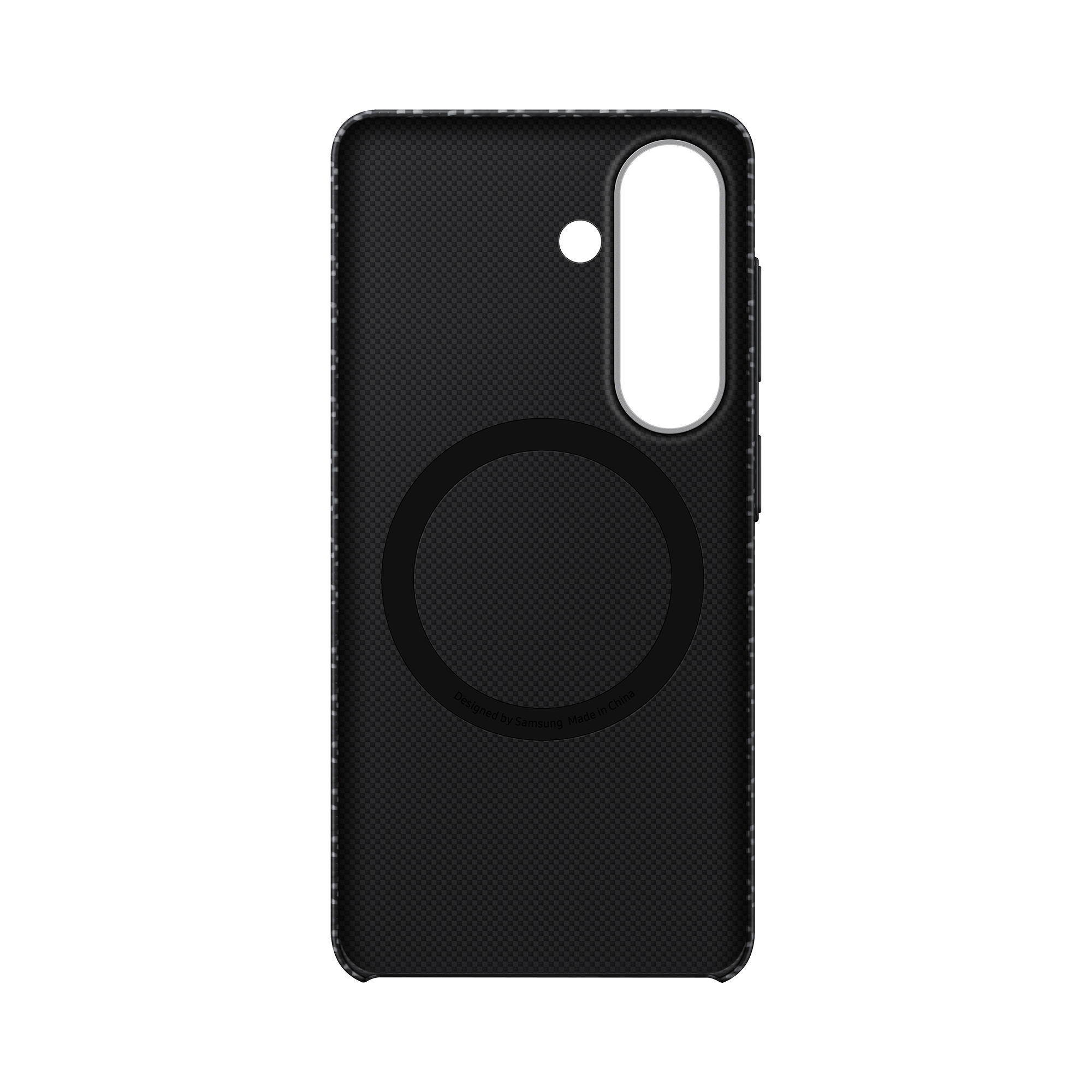 Custodia nera per telefono con cerchio magnetico e ritaglio fotocamera.
