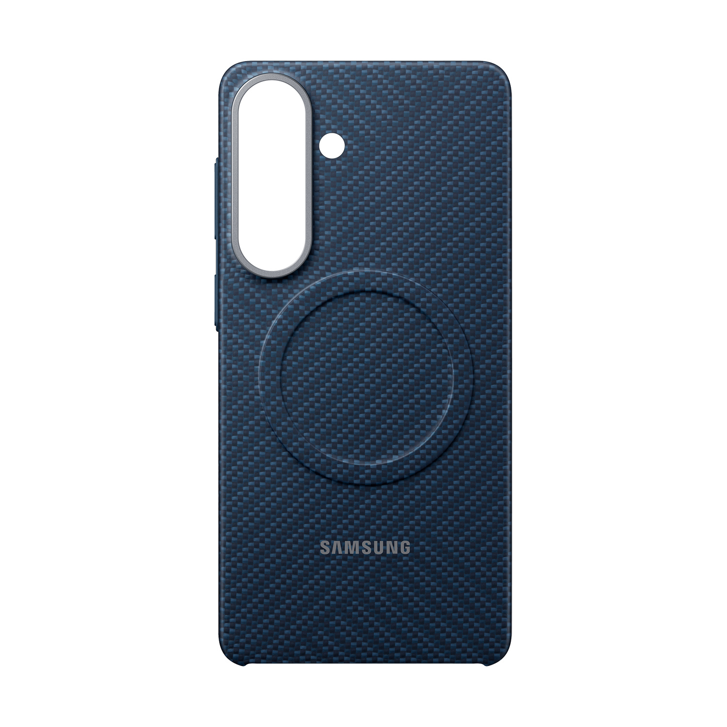 Custodia blu scuro per telefono con motivo carbonio, ritaglio fotocamera e logo Samsung.