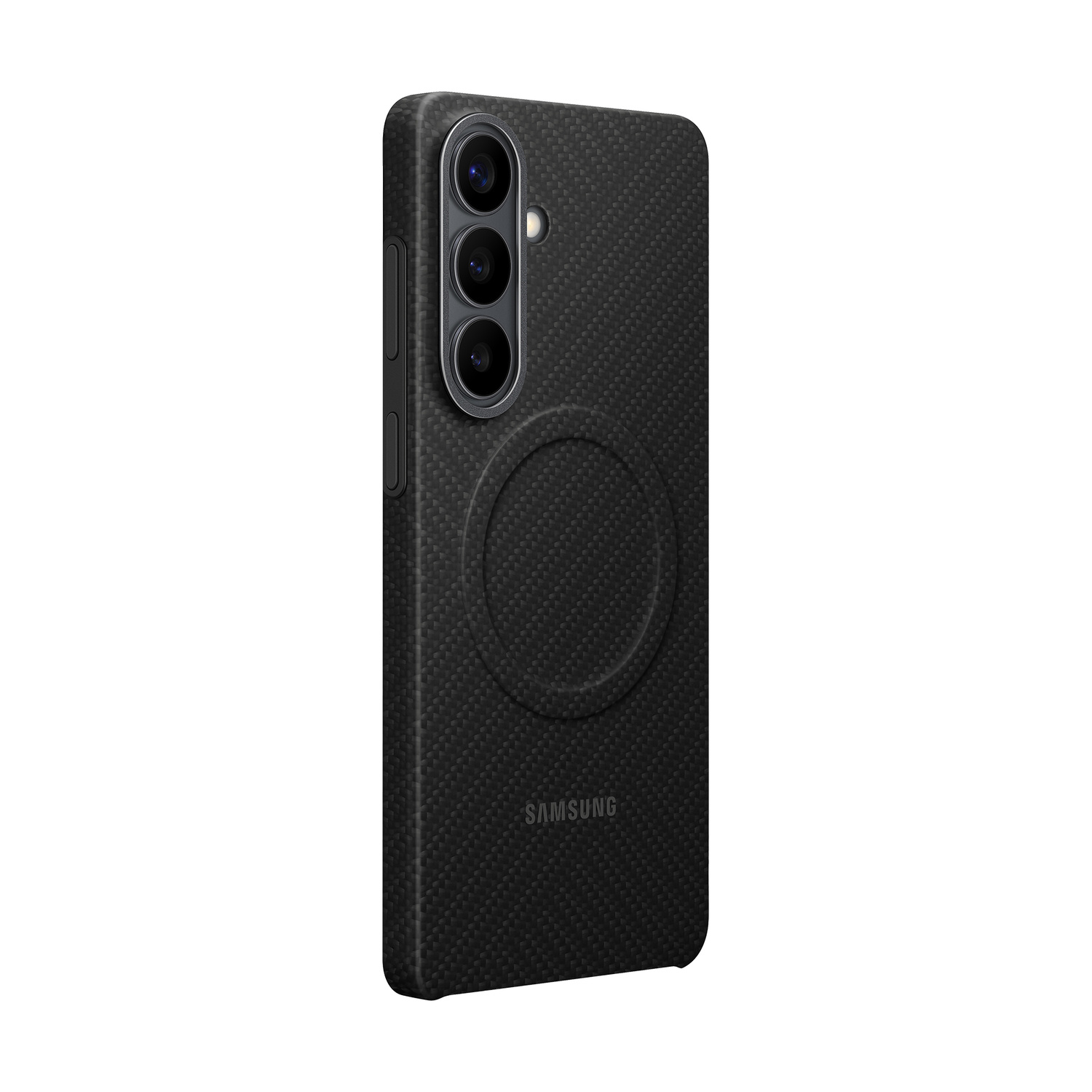 Custodia nera per telefono con fotocamere e logo Samsung.