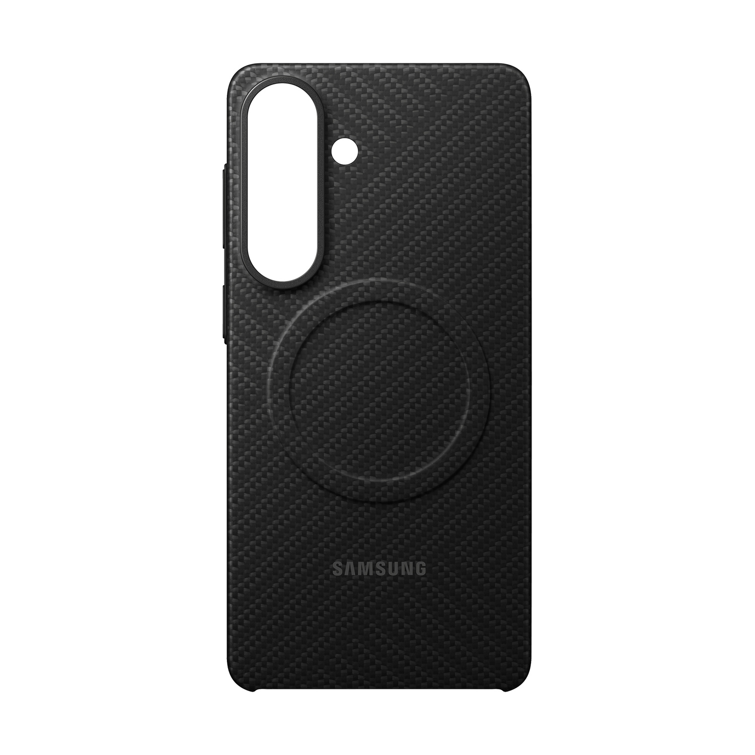 Custodia nera per telefono con motivo carbonio, ritaglio fotocamera e logo Samsung.