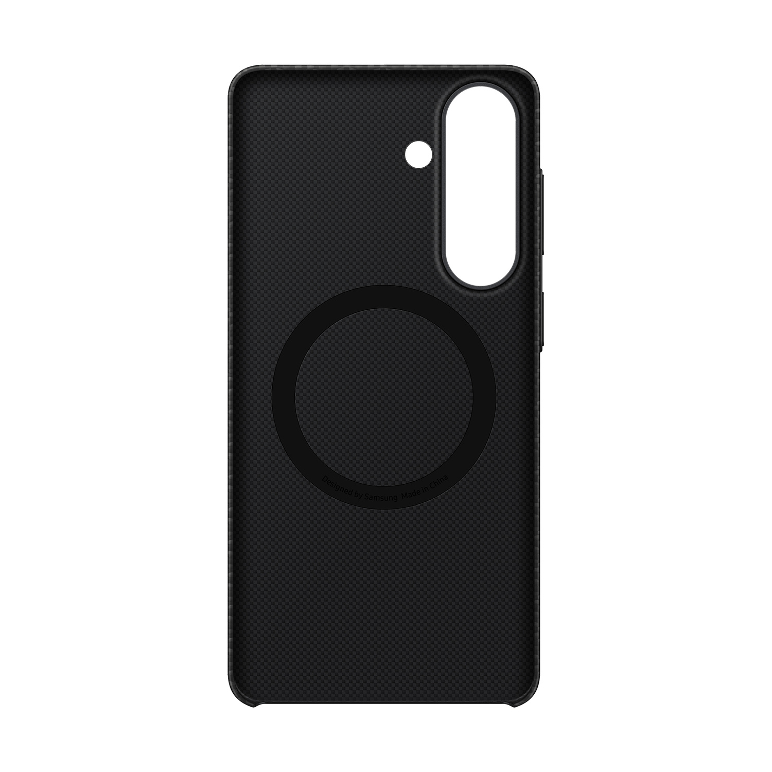 Custodia nera per telefono con motivo a rombi, ritaglio fotocamera e anello.