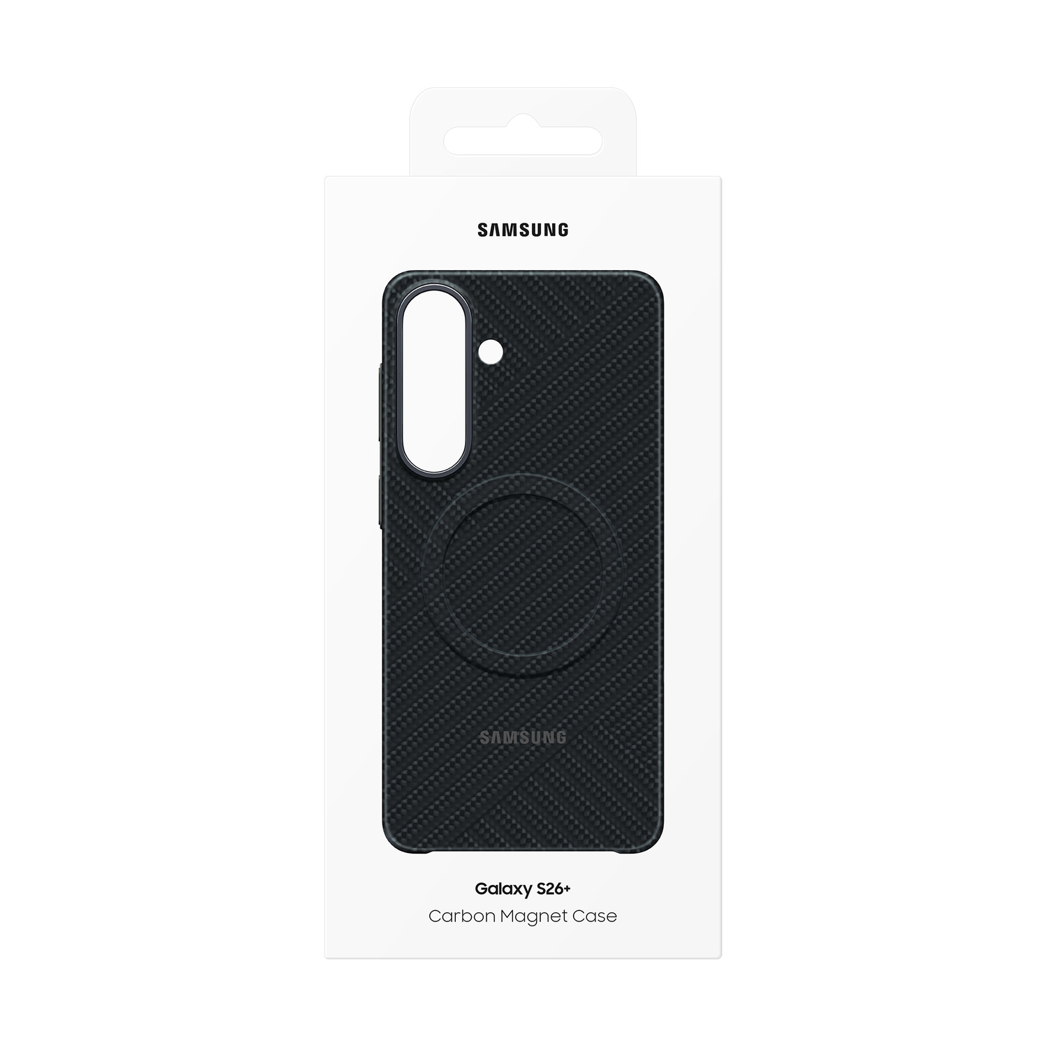 Custodia magnetica in carbonio Samsung Galaxy S26+ nera in confezione.