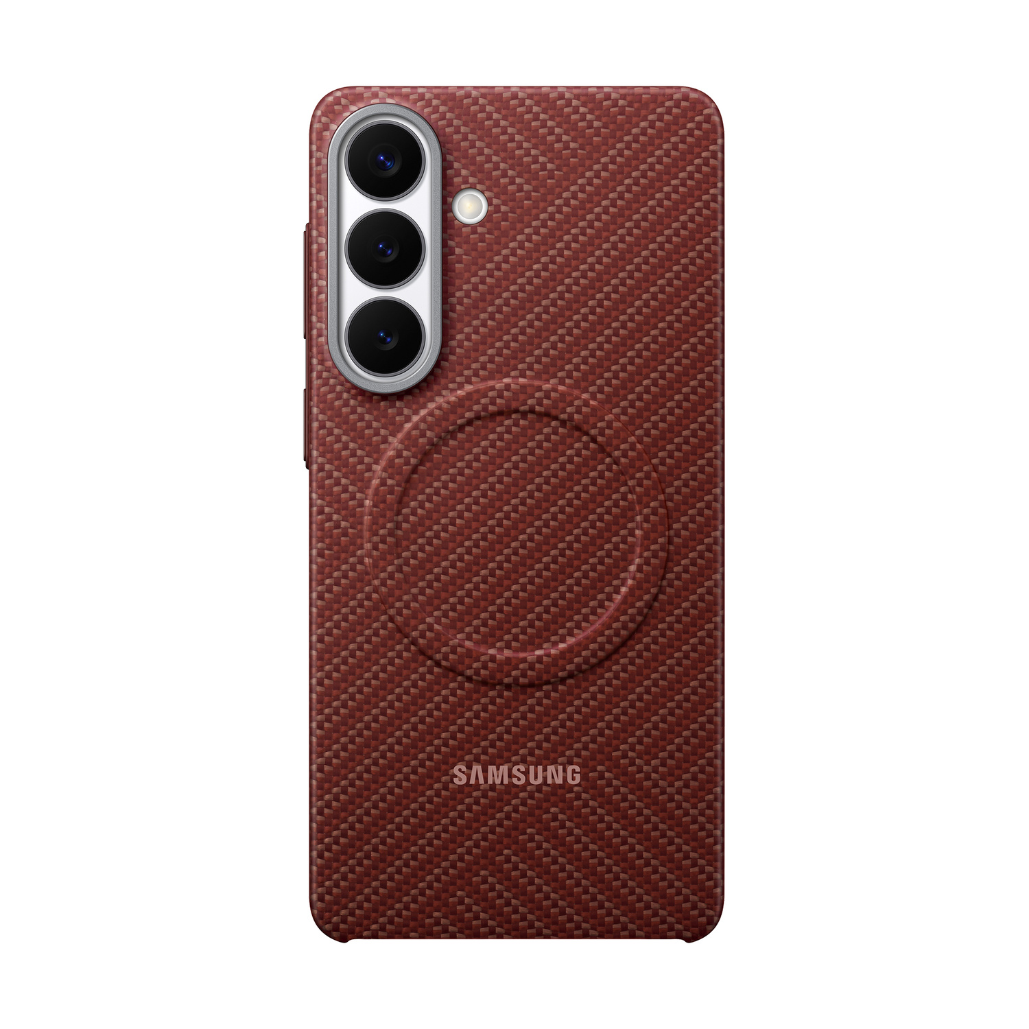 Custodia rossa per telefono con fotocamere e logo Samsung.