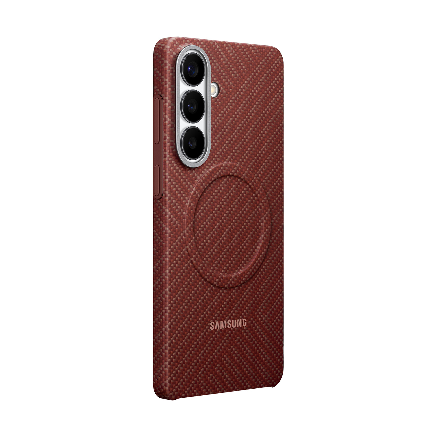 Una cover per telefono marrone con motivo a rombi, fotocamera e logo Samsung.