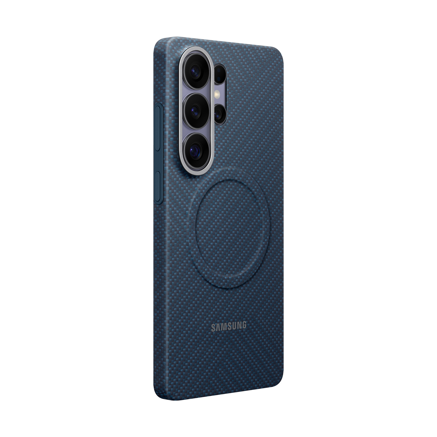 Custodia blu scuro con motivo carbonio, sistema di fotocamere e logo Samsung.