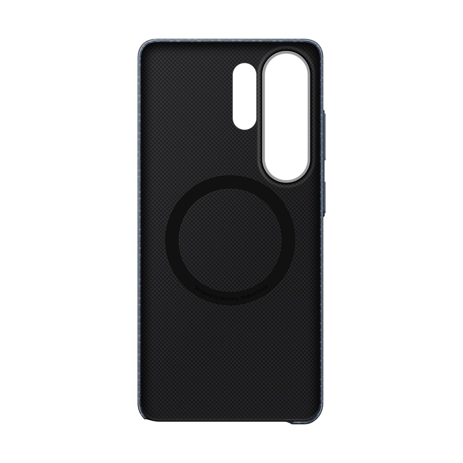 Custodia nera per telefono con motivo, ritaglio fotocamera e anello magnetico.