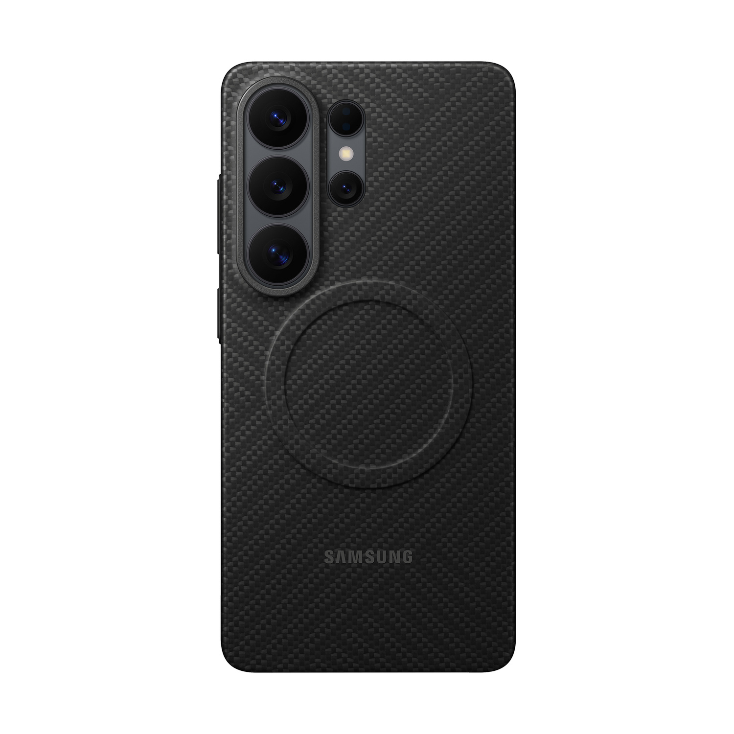 Custodia nera Samsung con lenti multiple e anello magnetico circolare.