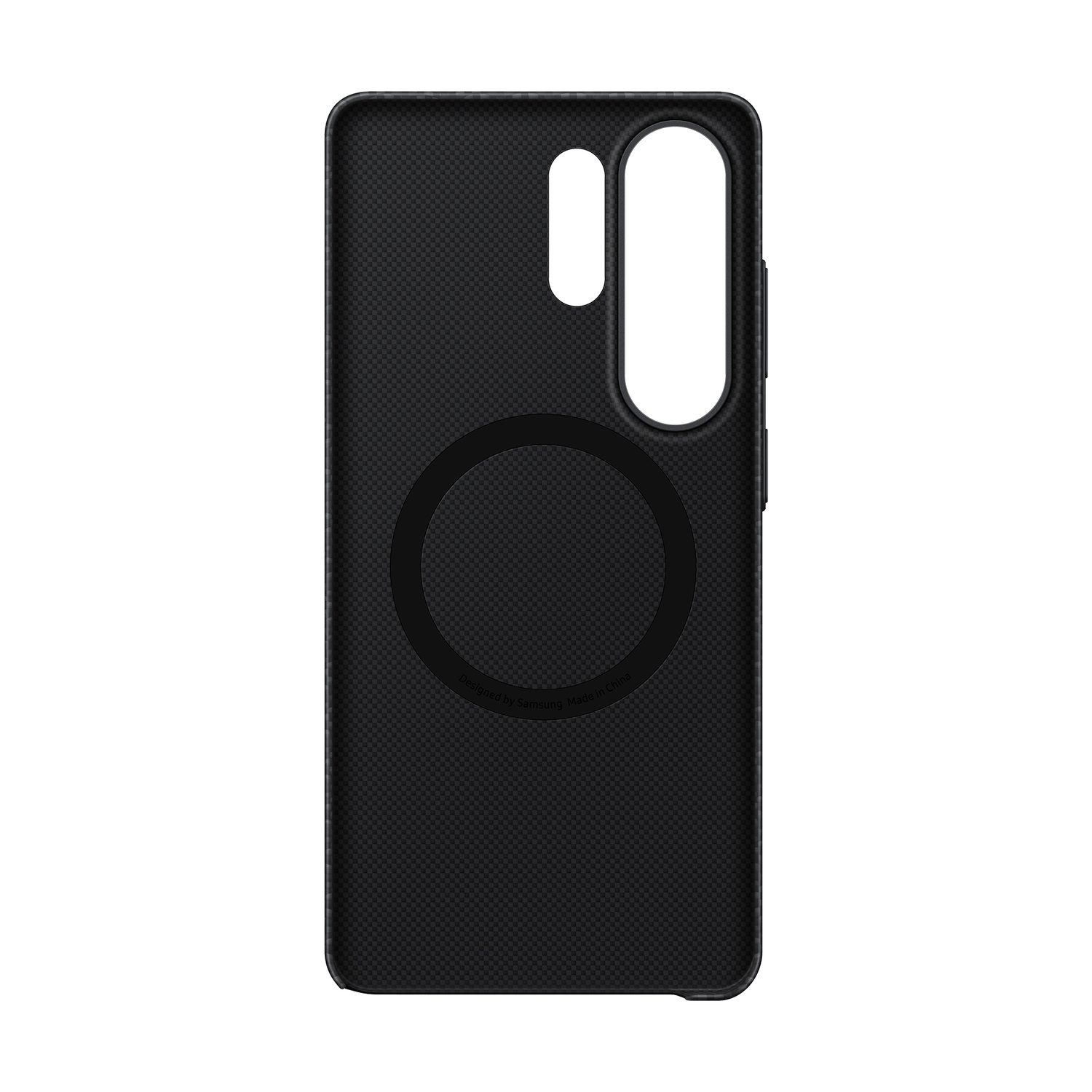 Custodia nera per telefono con ritaglio fotocamera e anello magnetico.