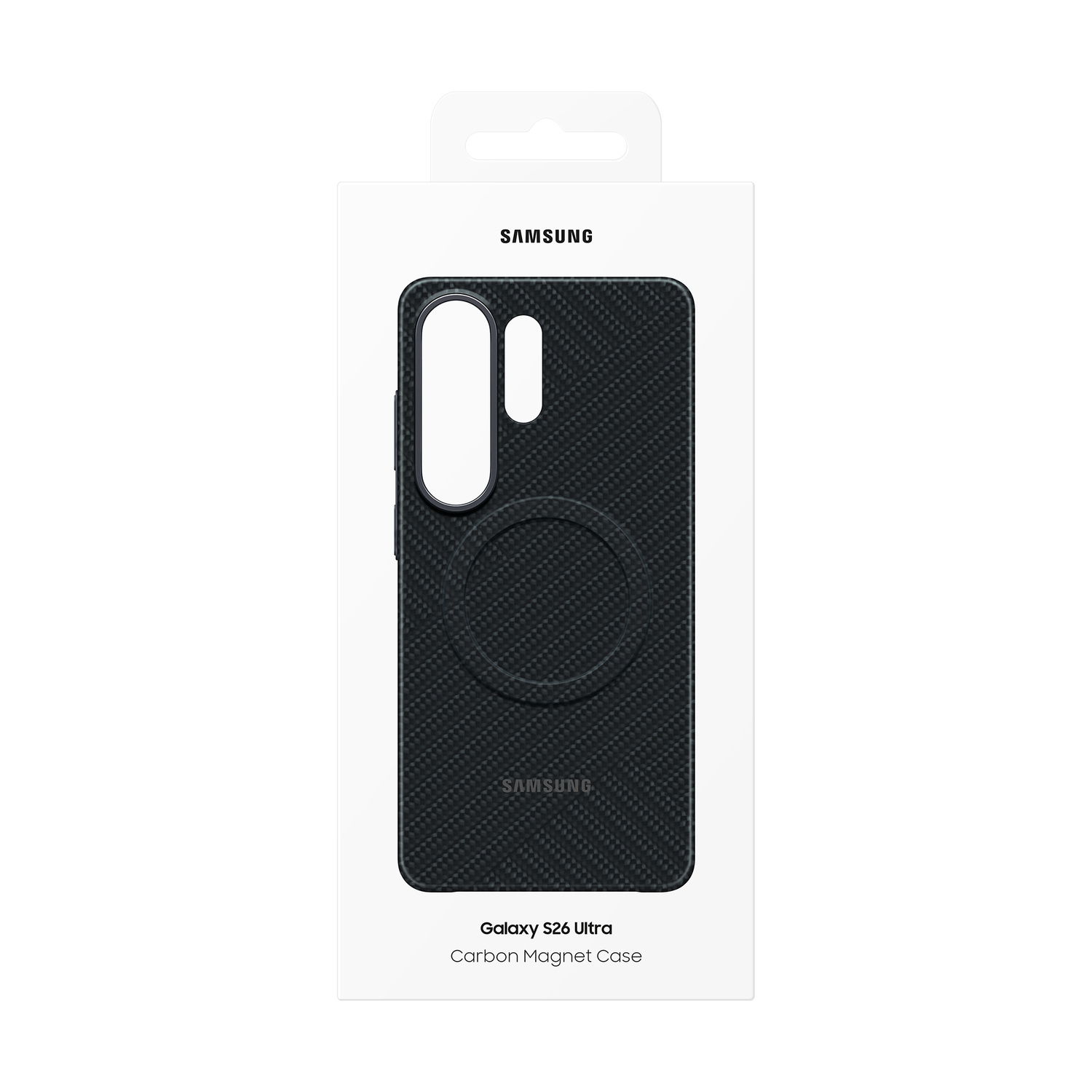 Confezione Samsung Galaxy S26 Ultra Carbon Magnet Case. Custodia nera texture fibra di carbonio.