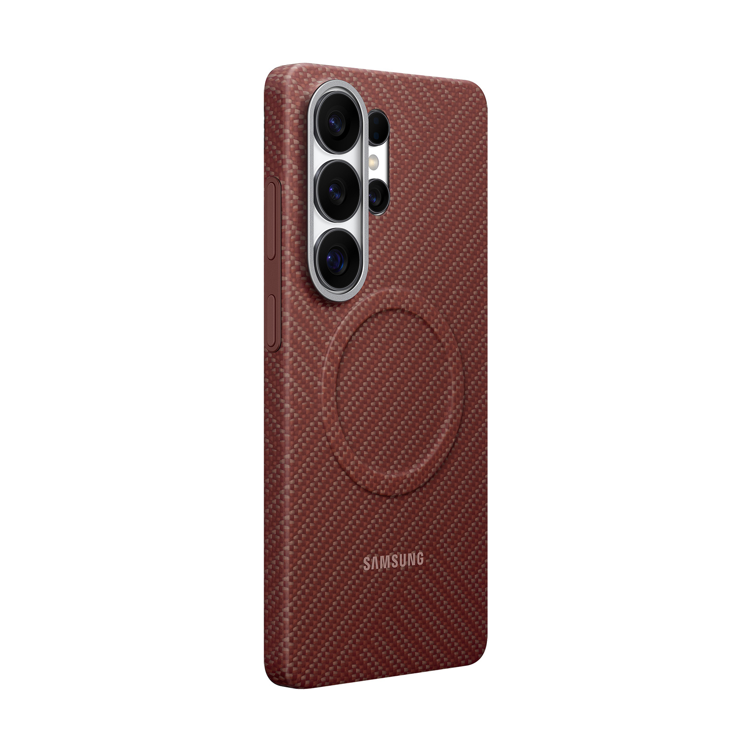 Custodia marrone per telefono con sistema di fotocamere e logo Samsung.