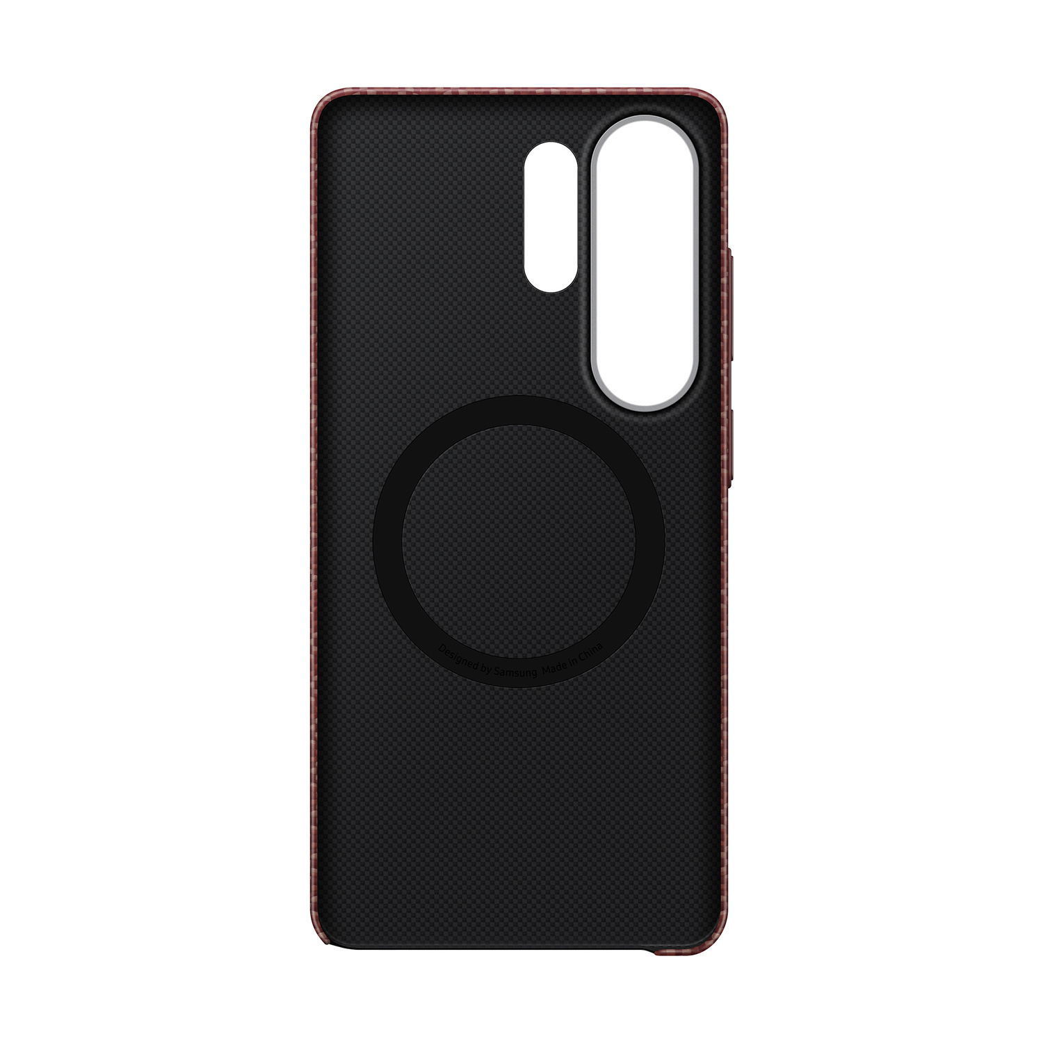 Custodia nera per telefono con cerchio magnetico e ritaglio fotocamera.