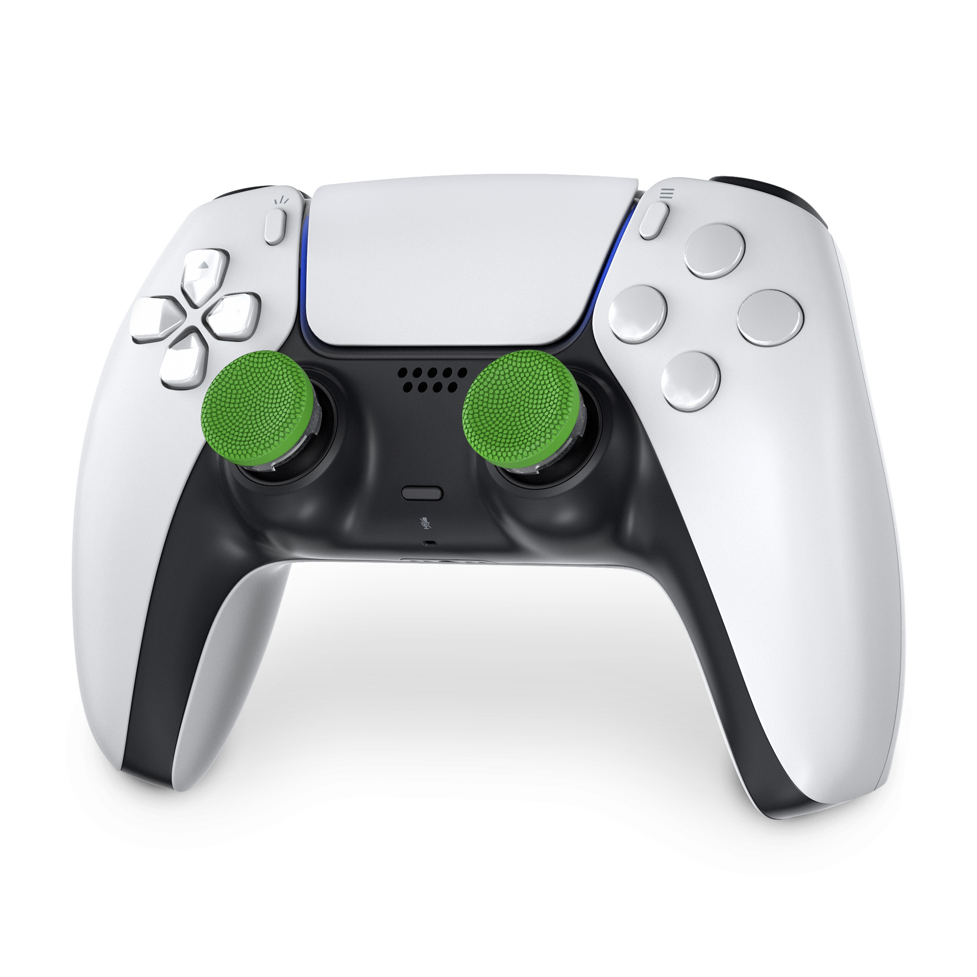 Ein weißer Gaming-Controller mit grünen Joystick-Kappen auf weißem Hintergrund.