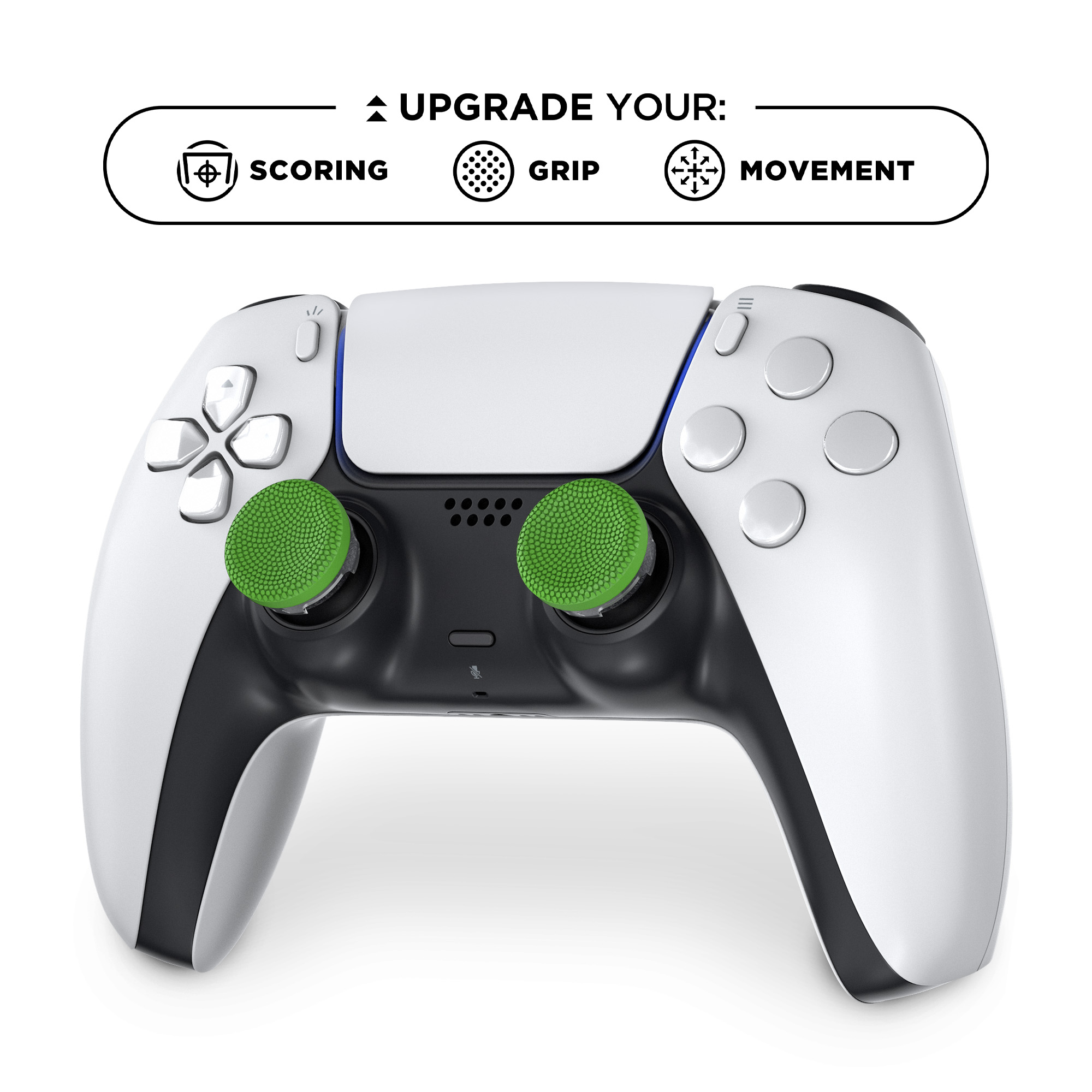 Ein weißer Controller mit grünen Thumbstick-Aufsätzen und Text 'Upgrade Your'.