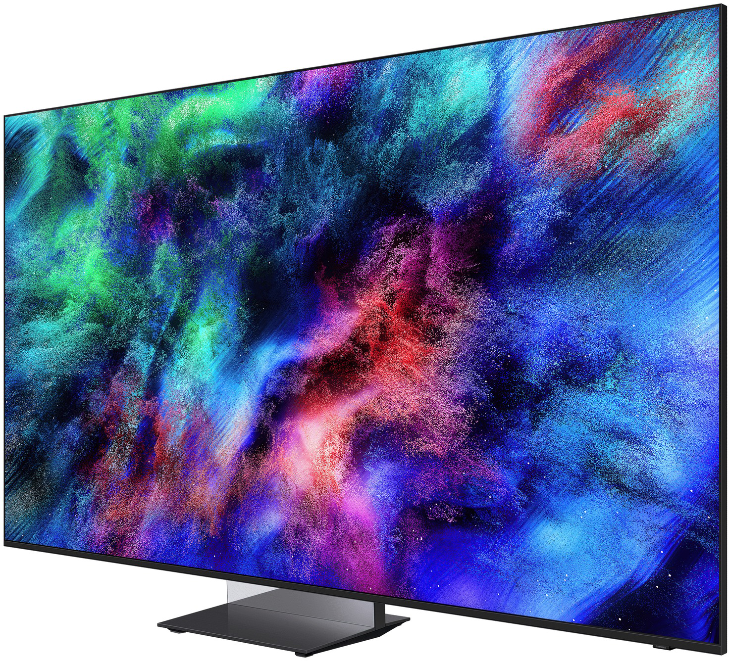 Egy modern televízió, amely élénk, absztrakt, színes hátteret jelenít meg a képernyőjén.
