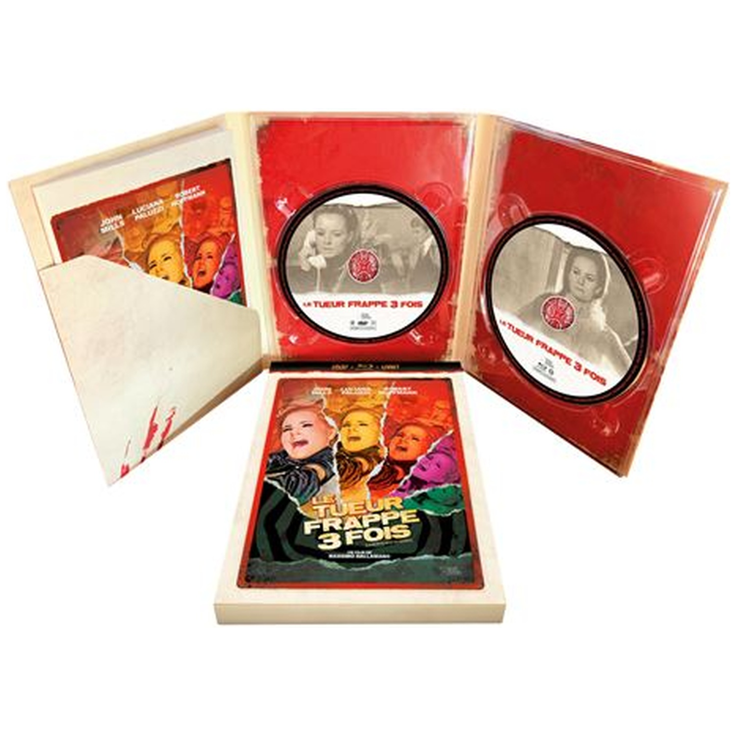 Un coffret Blu-ray présentant des jaquettes et des disques intitulés 'Le Tueur Frappe 3 fois'.
