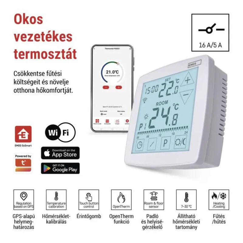 Fehér termosztát kijelzővel, okostelefonnal és ikonokkal. Szobahőmérsékletet és beállításokat mutat.