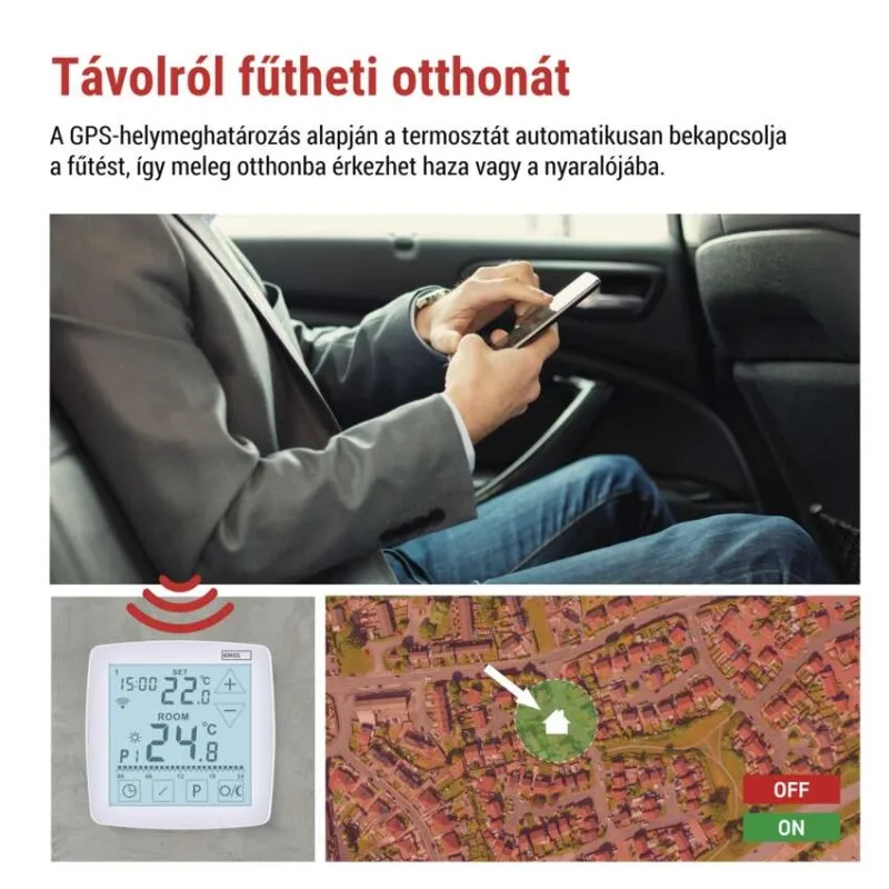 Férfi autóban okostelefont, termosztátot és házikamerás műholdas térképet használ.